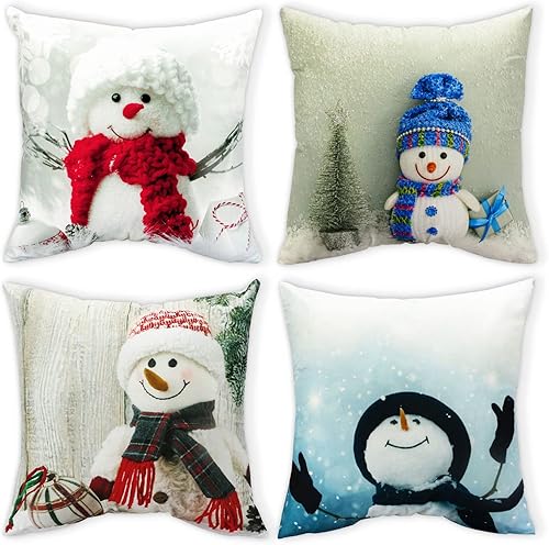 Miniatura 8 de Juego de 4 fundas de almohada decorativas de muñeco de nieve de Navidad de 20 x 20 pulgadas, funda de cojín cuadrada de dibujos animados para sofá,