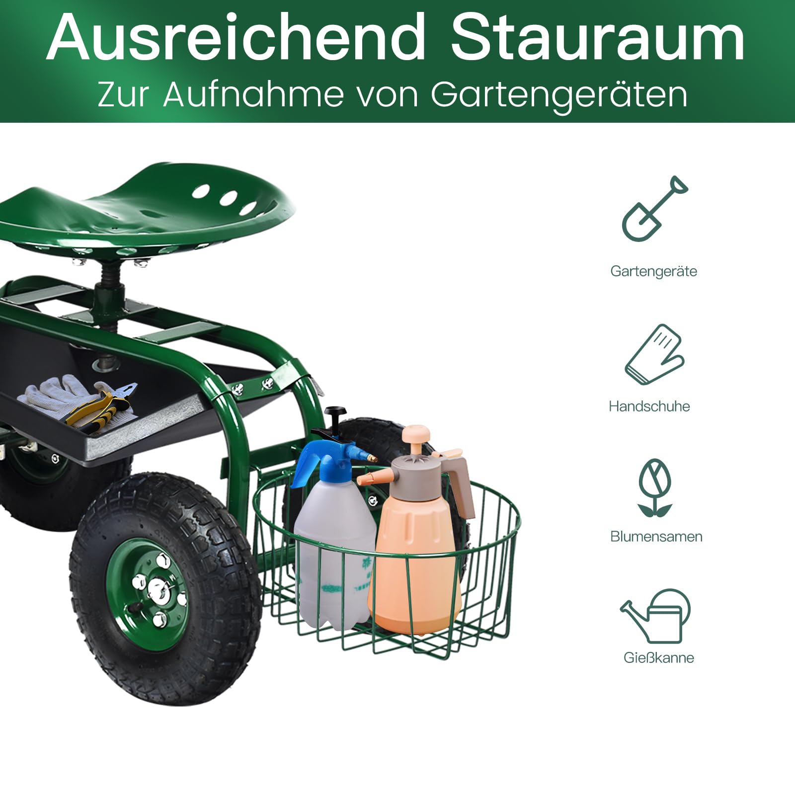 GOPLUS Gartenwagen, 360° drehbarer Gartensitz mit ausziehbarem Griff, Gartenhocker mit Ablage & Korb,Sitz höhenverstellbar, bis 150 kg belastbar, Rollsitz für Gartenarbeit (96,5 x 48,5 x 45,5-54,5 cm)