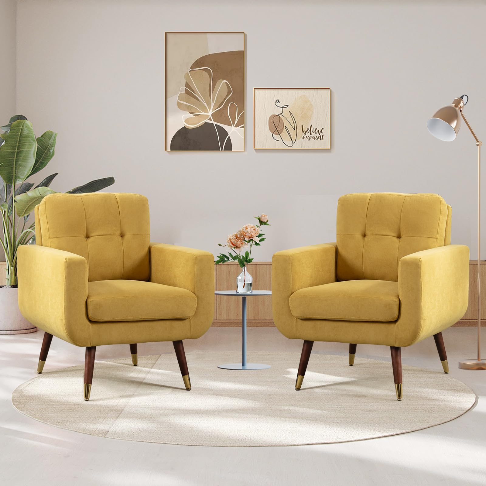 Bonzy Home Linen Fabric Accent Chair Set of 2, Mid Century Modern Armchair for Living Room, Bedroom Button Tufted Upholstered Comfy Reading Single Sofa Chairs, Yellow