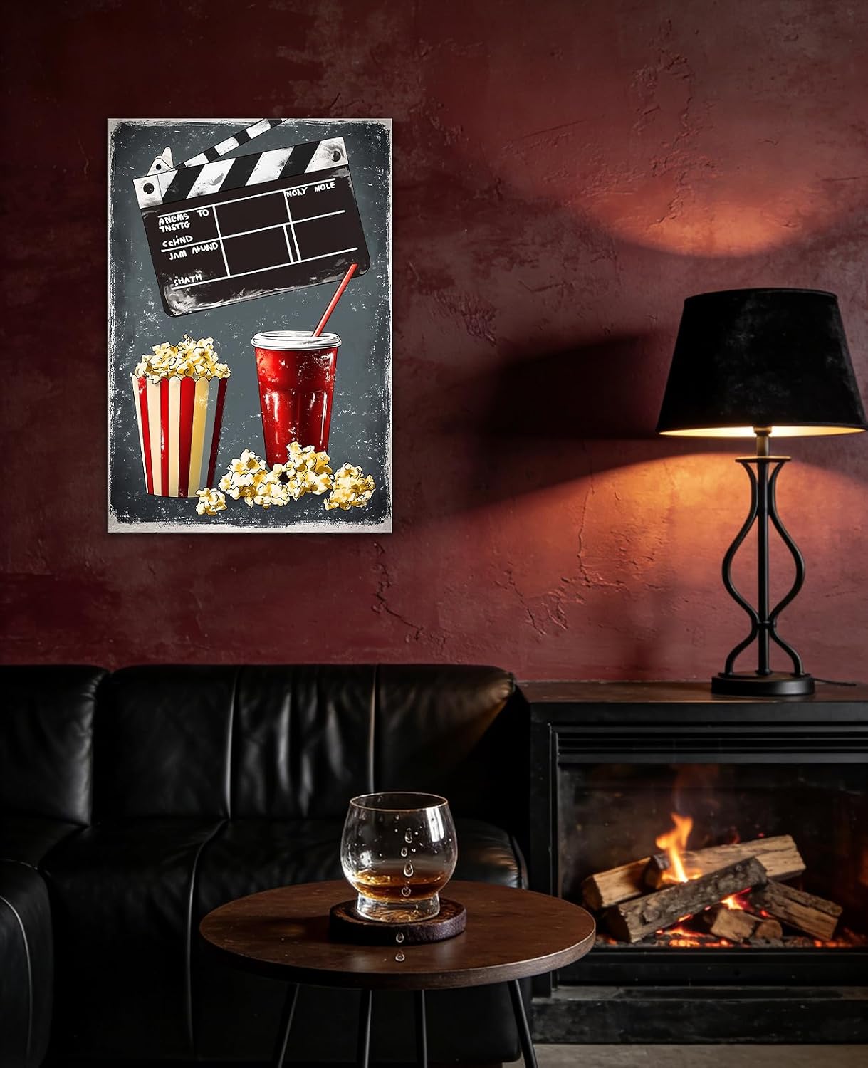 Movie Night Clapperboard Popcorn Canvas Wall Art Retro Cinema Paintings Home Theater Poster Artwork for Living Room Media Room Decor Framed(Artwork-1,12"x18")