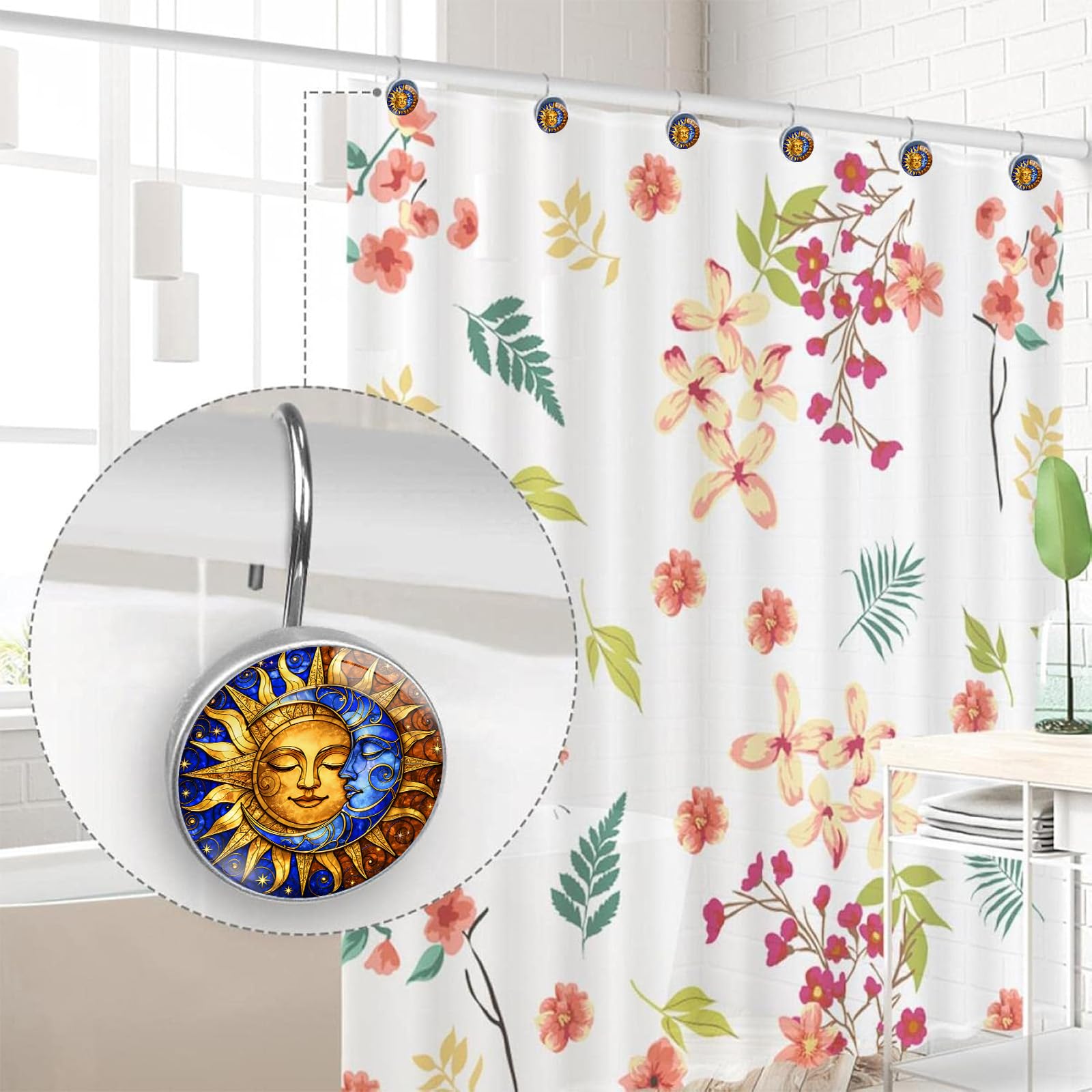 Lot de 12 crochets pour rideau de douche en vitrail Soleil et lune | Crochets décoratifs en métal antirouille pour tringles à rideaux