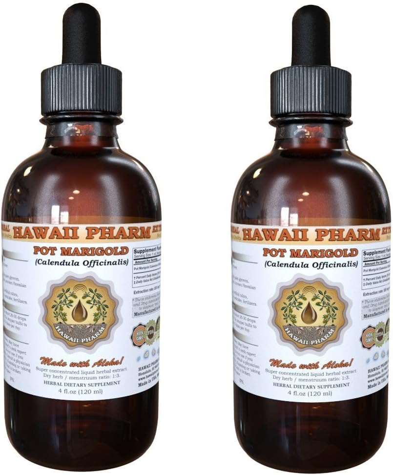 Hawaii Pharm Pot Marigold Liquid Extract, Pot Marigold (Calendula Officinalis) Tincture, Herbal Supplement, Made in USA, 2x4 fl.oz