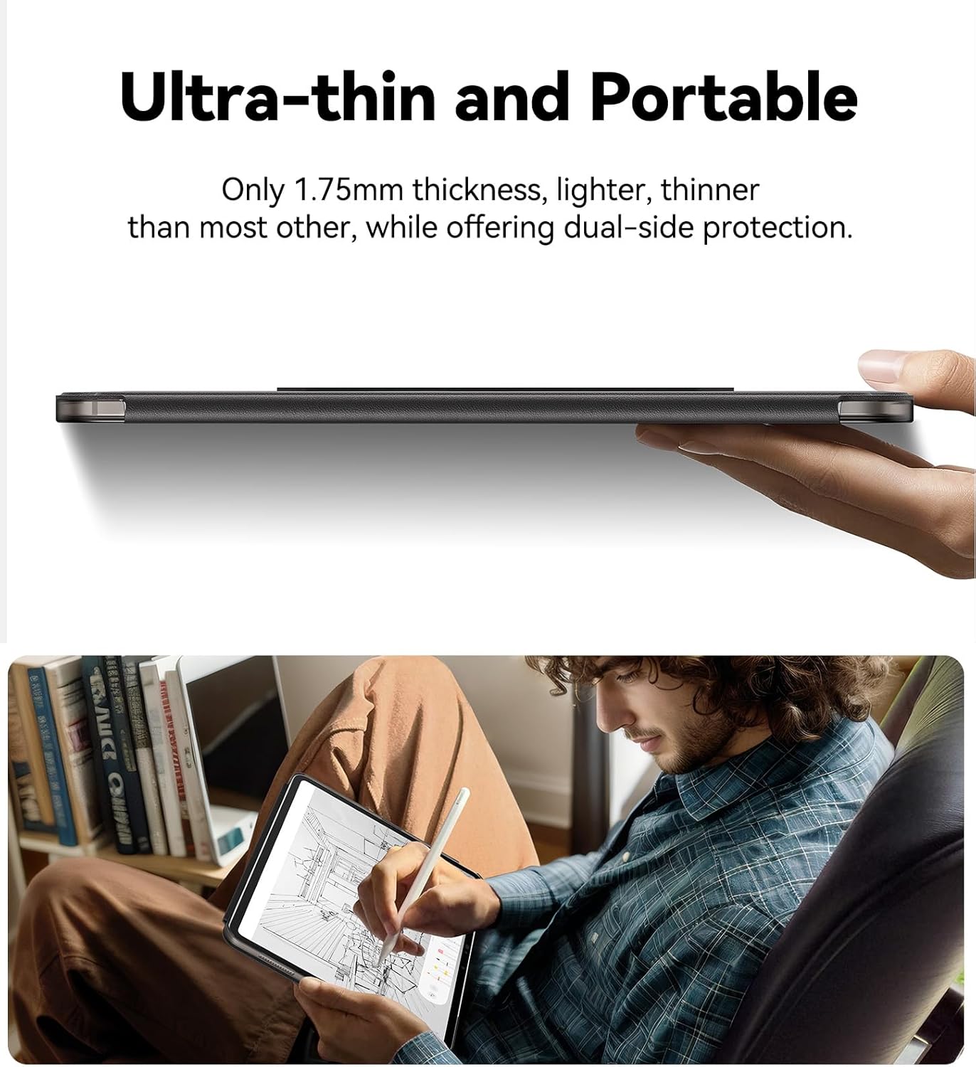 Matekxy Ultra-Slim Case for iPad Pro 13 Inch (M5 2025 / M4 2024), 1.75mm Thinnest Lightweight Smart Cover with Premium Skin-Friendly Leather, Magnetic Y-Fold Stand, Secure Pencil Holder - Black