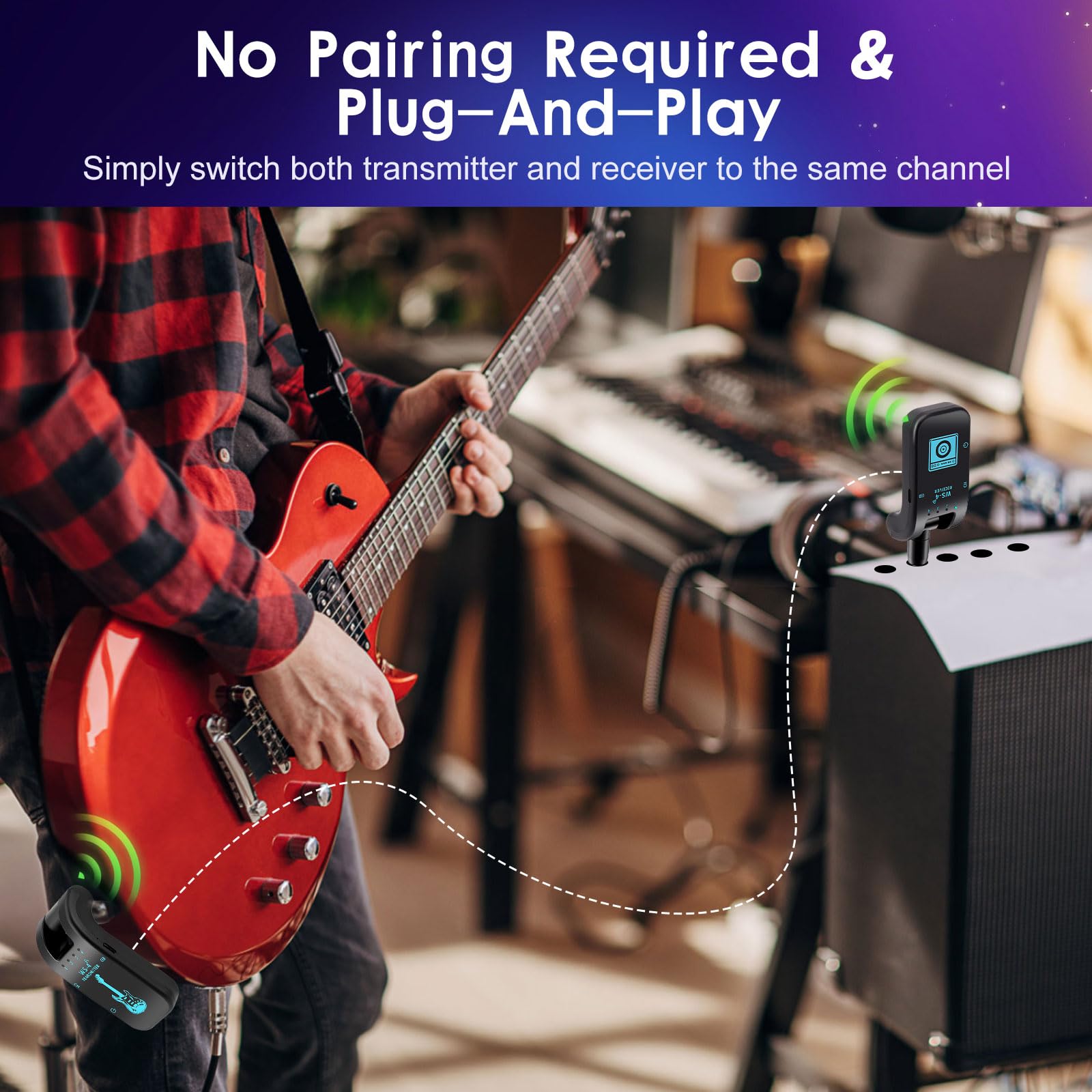 Système de guitare sans fil 2,4 GHz 8 canaux rechargeable audio sans fil émetteur récepteur pour guitare électrique, basse et instruments à vent électriques