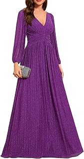 Women's A-Line Long Lantern Sleeves Formal Gowns Empire Waist Long Glitter Evening Dress