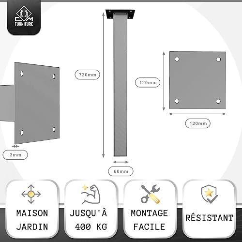 4 unità Gambe per Tavolo Nero - Altezza 72 cm - Quadrata Profilo 80x80 mm - Tavolo Acciaio, Piedi per Tavolo da Pranzo, Tavolo Telaio Scrivania, Panca, Ufficio, Piedini per Mobili - 3