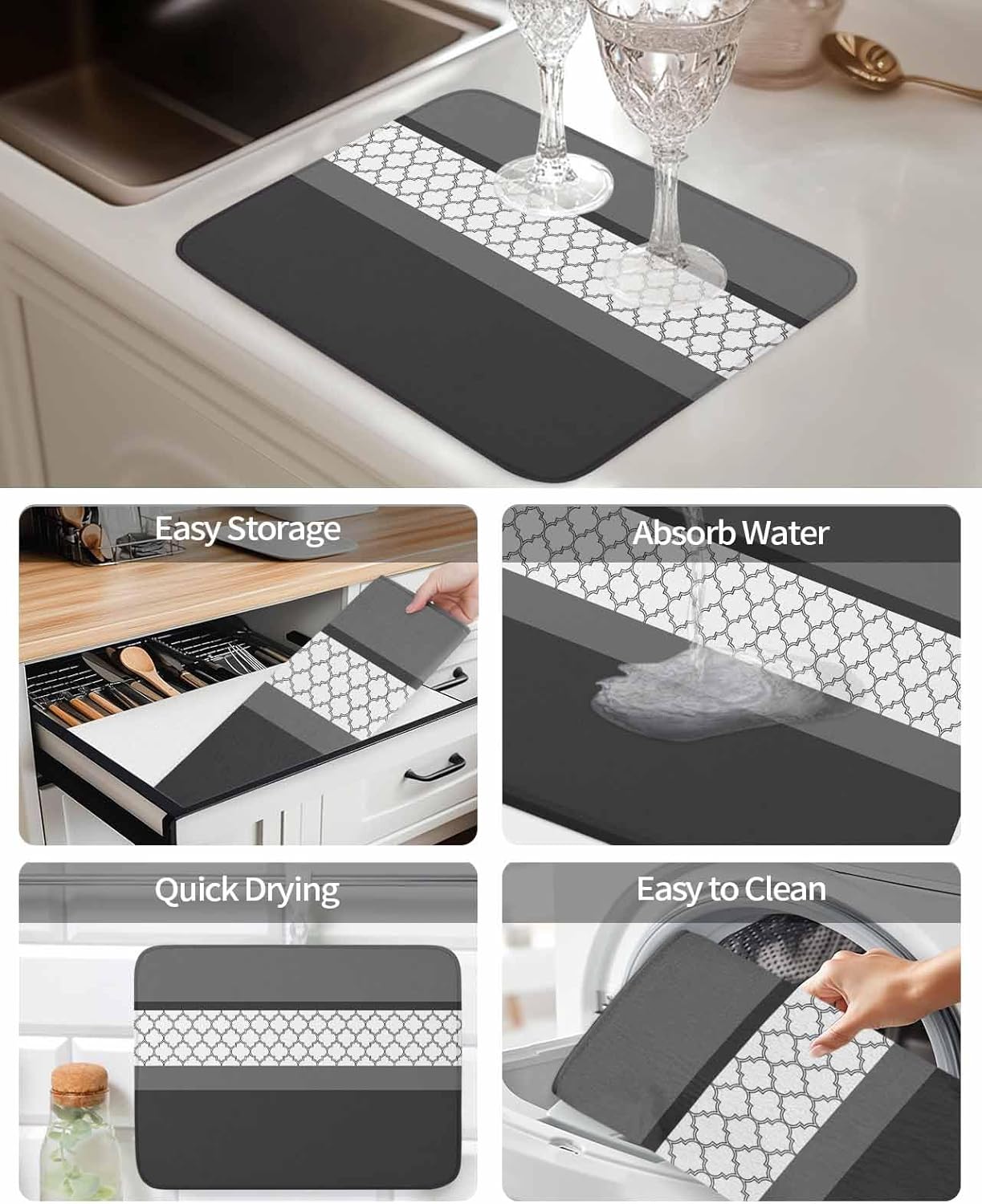 Vintage Plaid Drying Mats for Kitchen Counter 2 Pcs, Grey Black Microfiber Absorbent Dish Drainer/Rack Mat,Reversible Hangding Quick Drying kitchen Decor,18x24 Machine Washable