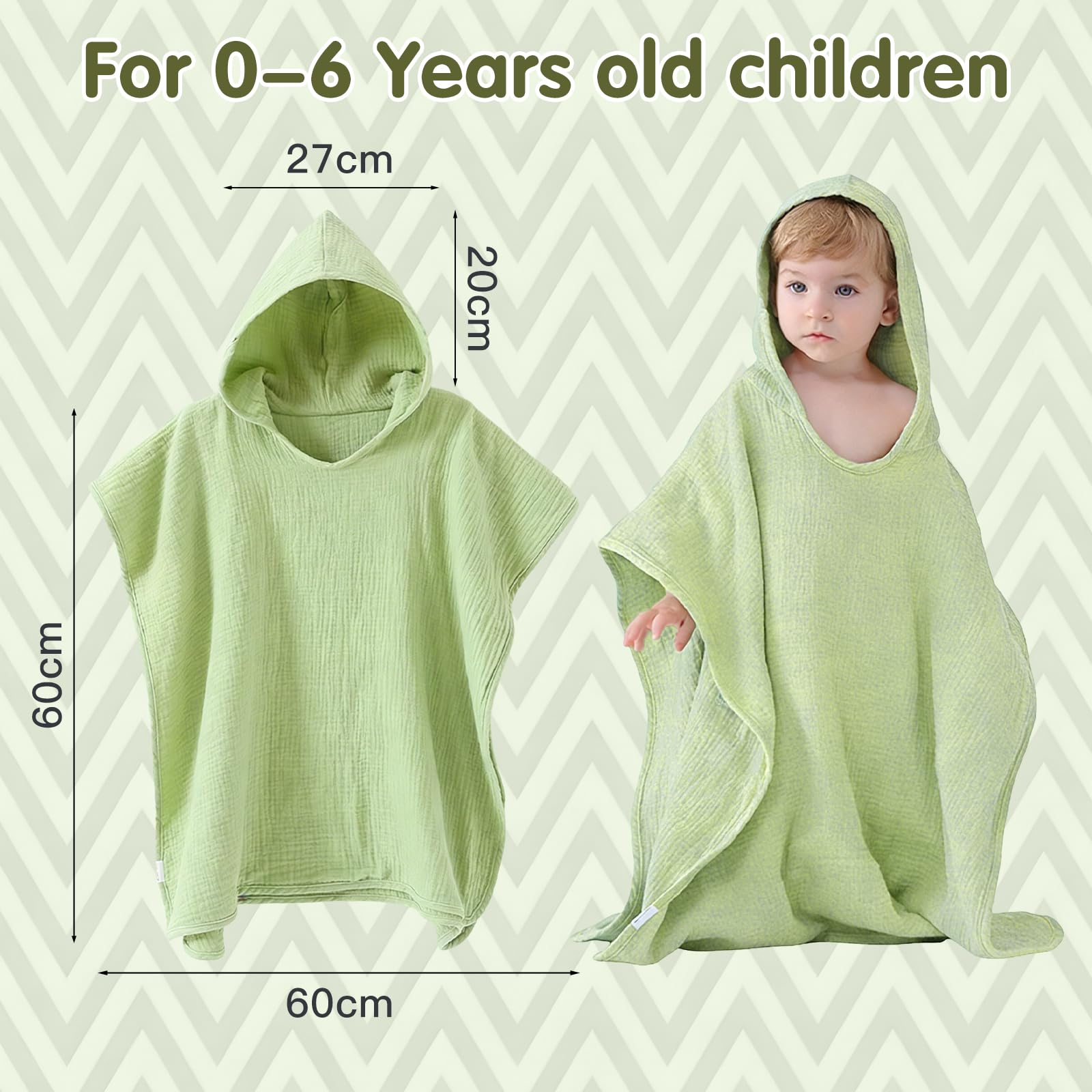 Serviette de Bain Bébé Enfant avec Capuche 100% Mousseline de Coton, Cape de Bain Enfant Douce et Respirante, Poncho de Bain de 0 à 6 Ans, Sortie de Bain Absorbante pour Bain, Plage et Piscine