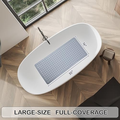 Miniatura 4 de Linoows Tapetes antideslizantes para bañera y ducha, tapete de baño de agarre eléctrico de 35 x 16.3 pulgadas con ventosas y agujeros de drenaje