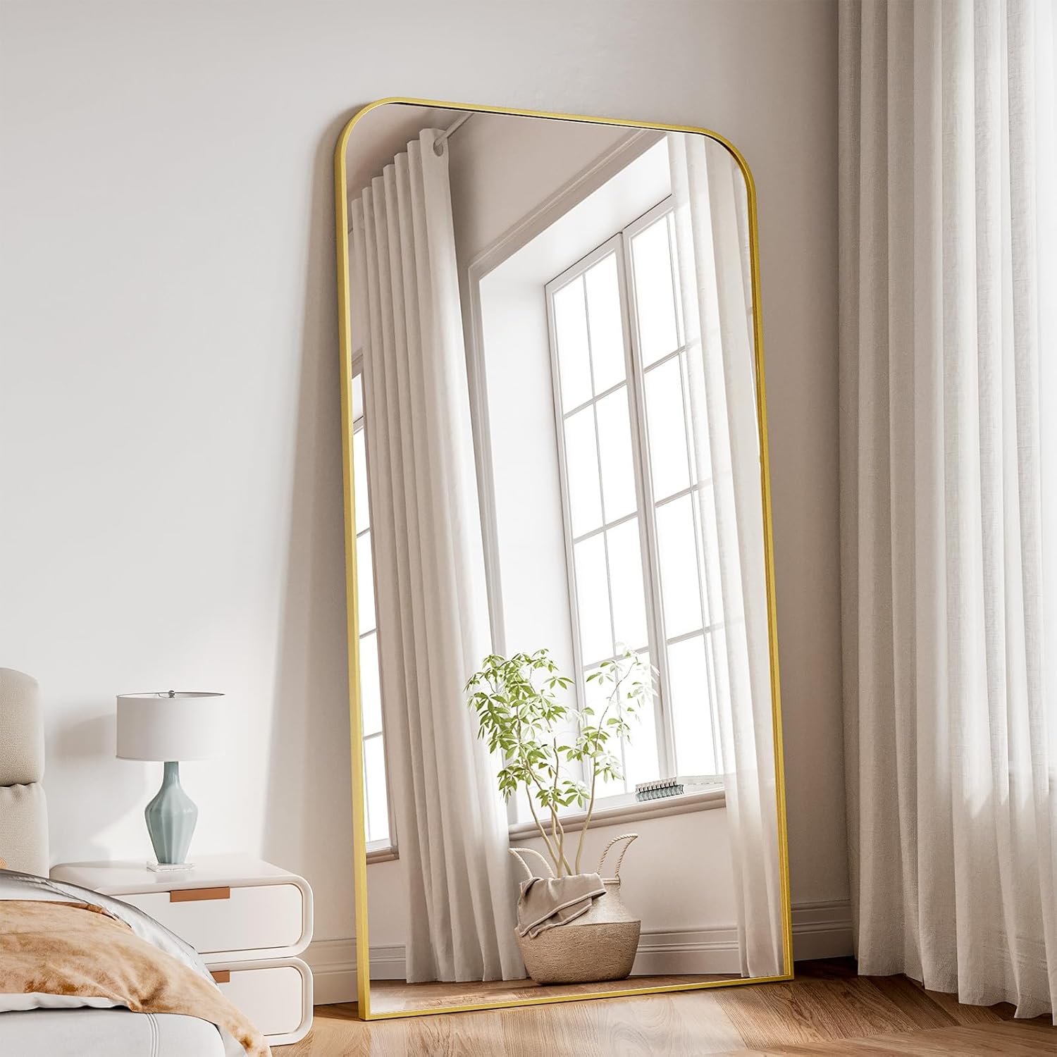 Koonmi Full Length Mirror, 76"x34" Mirror Full Length with Stand, Gold Domed Top Square-Edged Floor Mirror with Aluminum Alloy Frame for Bedroom Living Room - Image 6