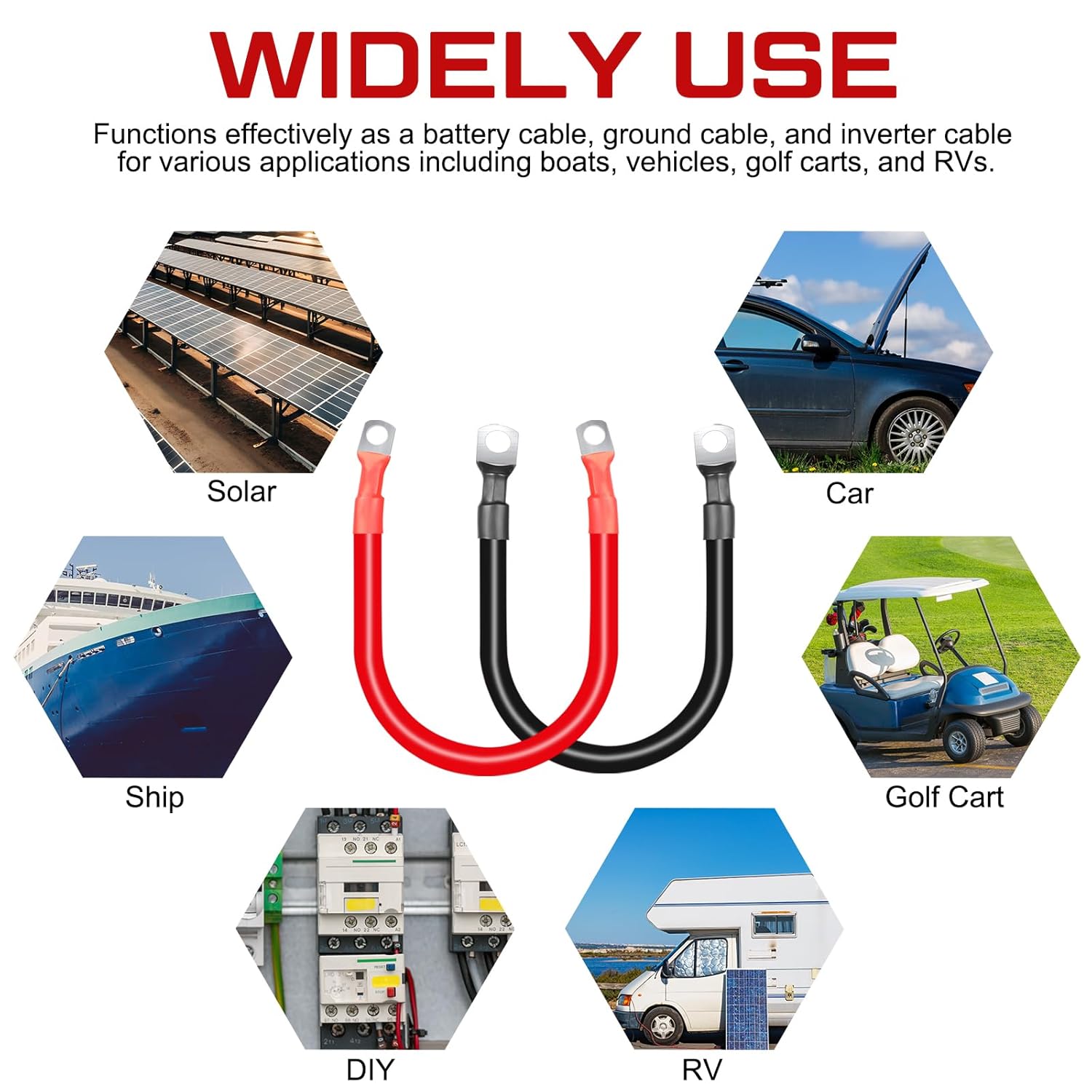 12Pcs 2AWG Battery Cable with 3/8'' M10 Lug Terminals 6-inch Cables Set Tinned Copper Power Inverter Wire Set for Solar, RV, Car, Motorcycle (6 Red +6 Black Cable)