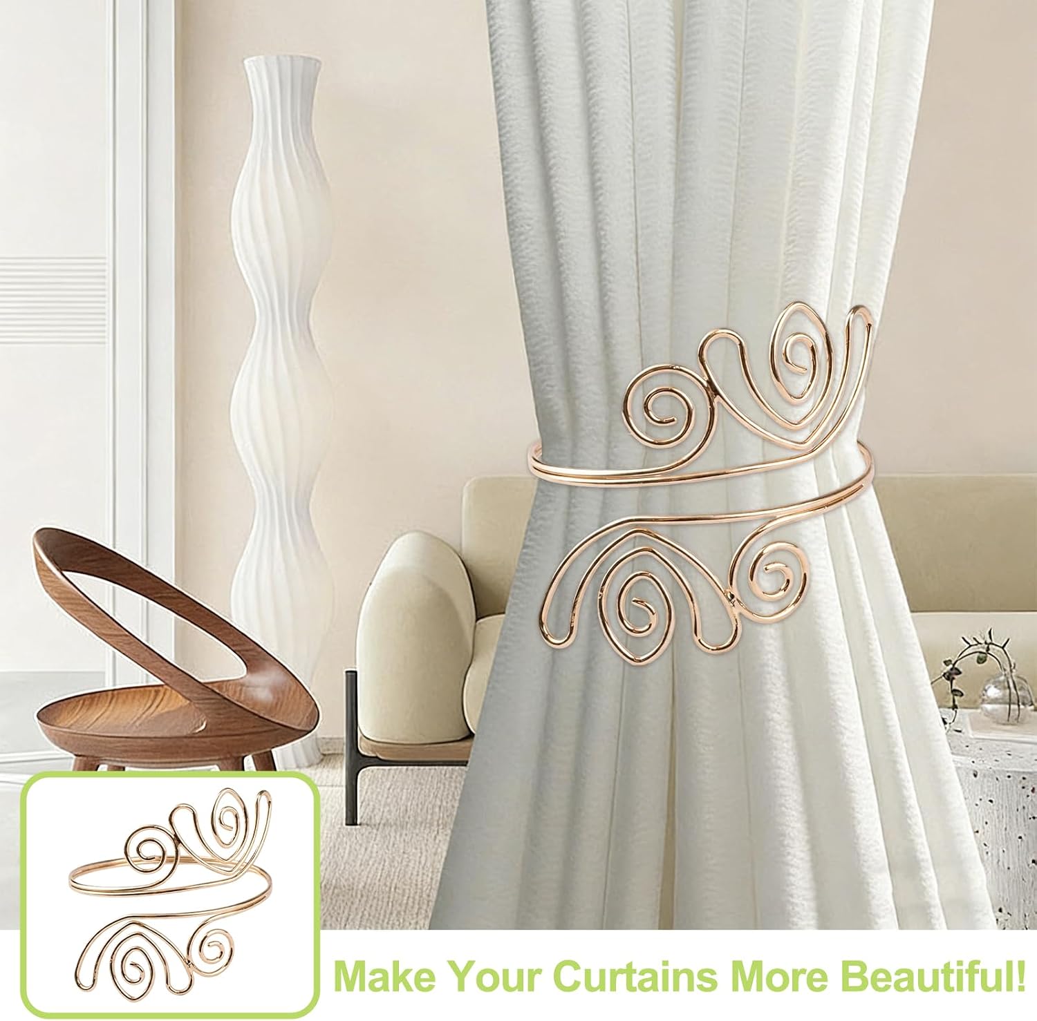 Unique Golden Hoop Curtain Tiebacks, 2Pcs Metal Drapery Holdbacks Beautiful Decorative Curtain Holder for Window Drapes