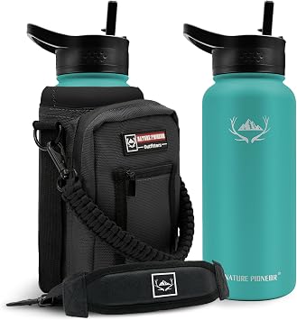 NATURE PIONEOR 32 oz Insulated Water Bottle with Carrier Bag & 3 Lids