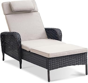 Belord Outdoor Chaise Lounge Patio Recliner - 75 Inch Adjustable Wicker Chaise Lounge with Soft Pillow Removable Cushions, All Weather Rattan Pool Lounge Chair for Poolside Deck Brown/Beige