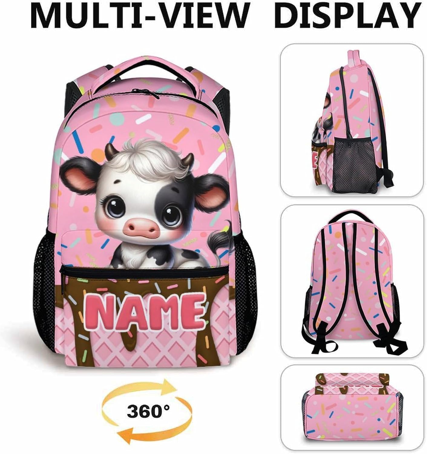 Cow Backpack, Kids Backpacks, Personalized Todder Backpack for Girls Boys 6-8, Preschool Elementary Kindergarten Schoolbag, 17 Inch Animal Book Bag for School Travel Camp