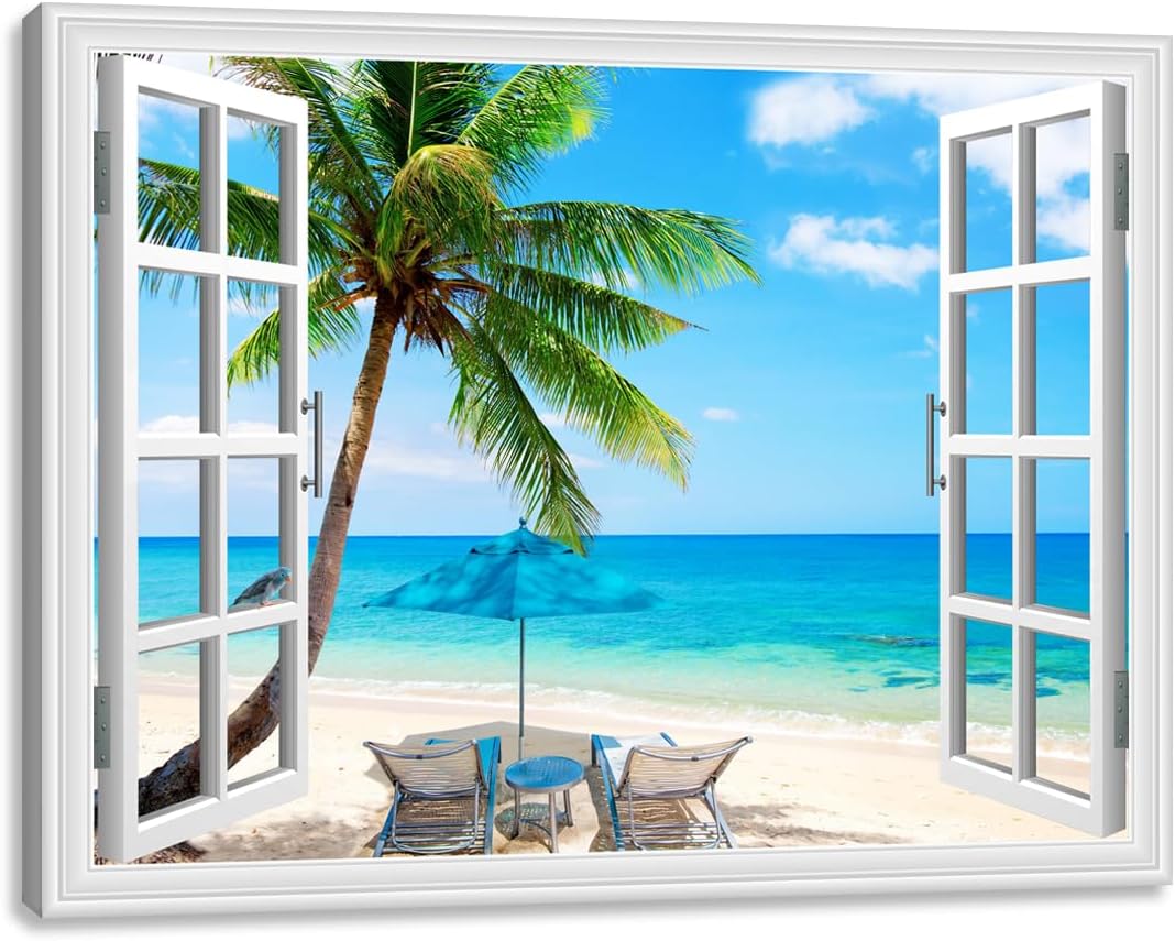 Beach Palm Tree Canvas Wall Art Fake Open Window Ocean Scene Picture Print with Framed for Blue Teal Home Decor 36 x 24 View-08B 36L" x 24W"
