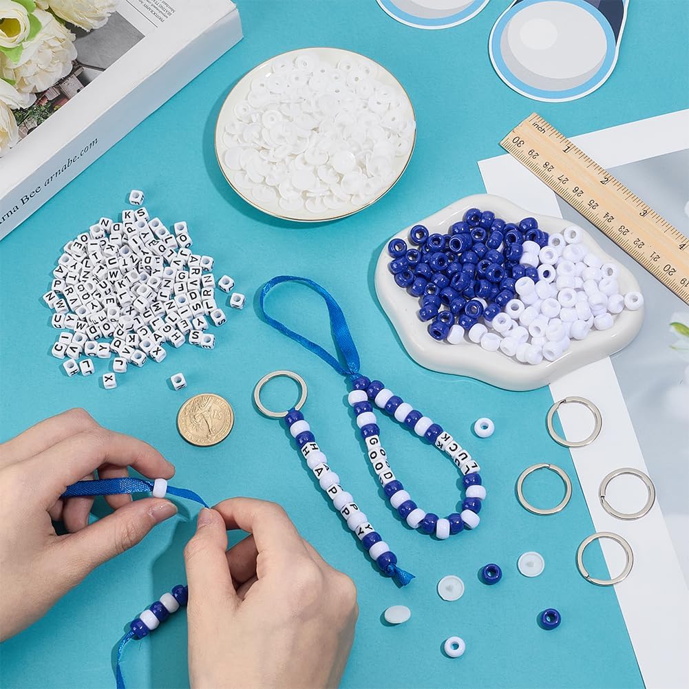 PH PandaHall 808pcs Bead Keychain Making Kit Blue White Beads Graduation Keyrings Acrylic Letter Bead with 12 Yards Ribbons and Snap Buttons for Party Favor Backpack Accessories Holiday Decor image 3