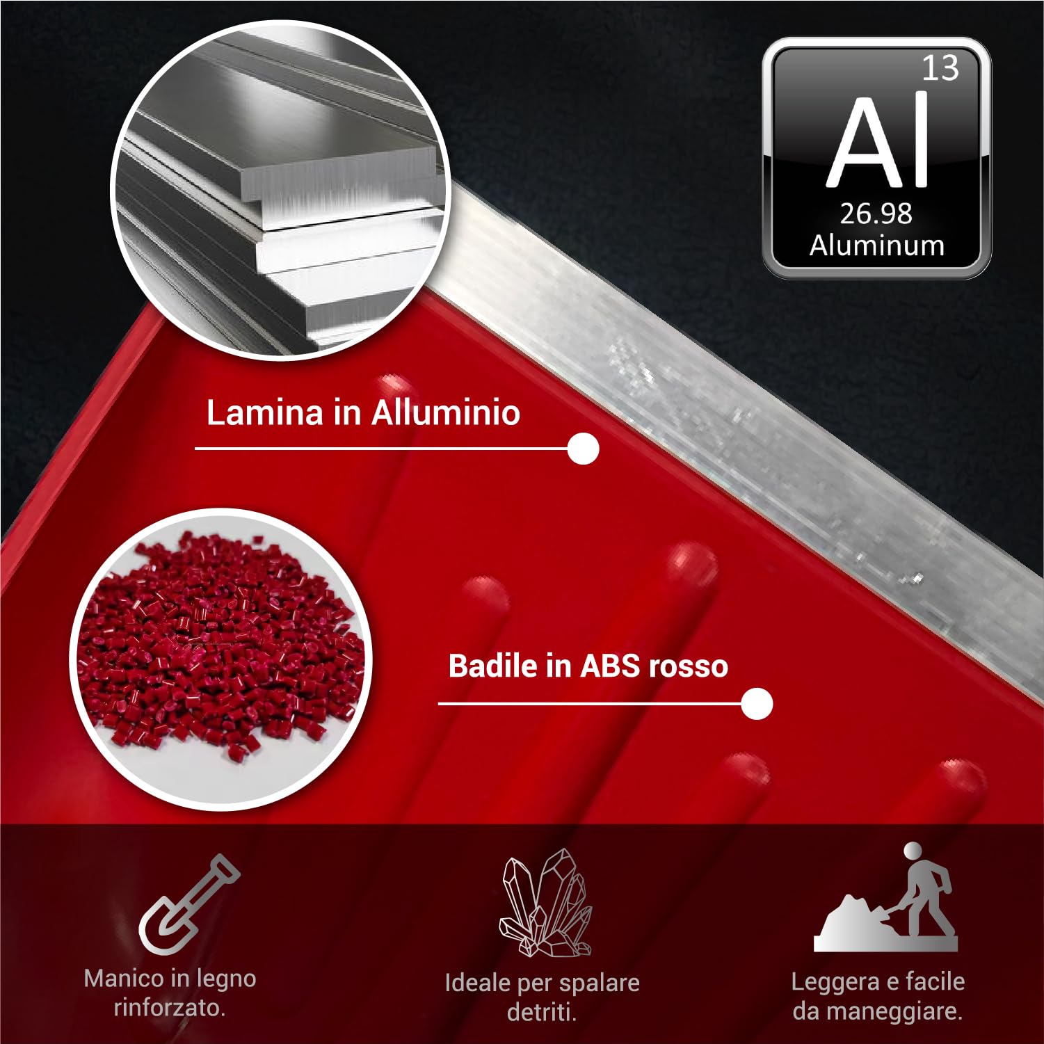 Crisalide® - Baie professionnelle en ABS, extrémités renforcées en aluminium anti-choc, 42 x 37 cm, poignée 135 cm, polyvalente pour usage agricole, jardinage et construction, pelle ergonomique