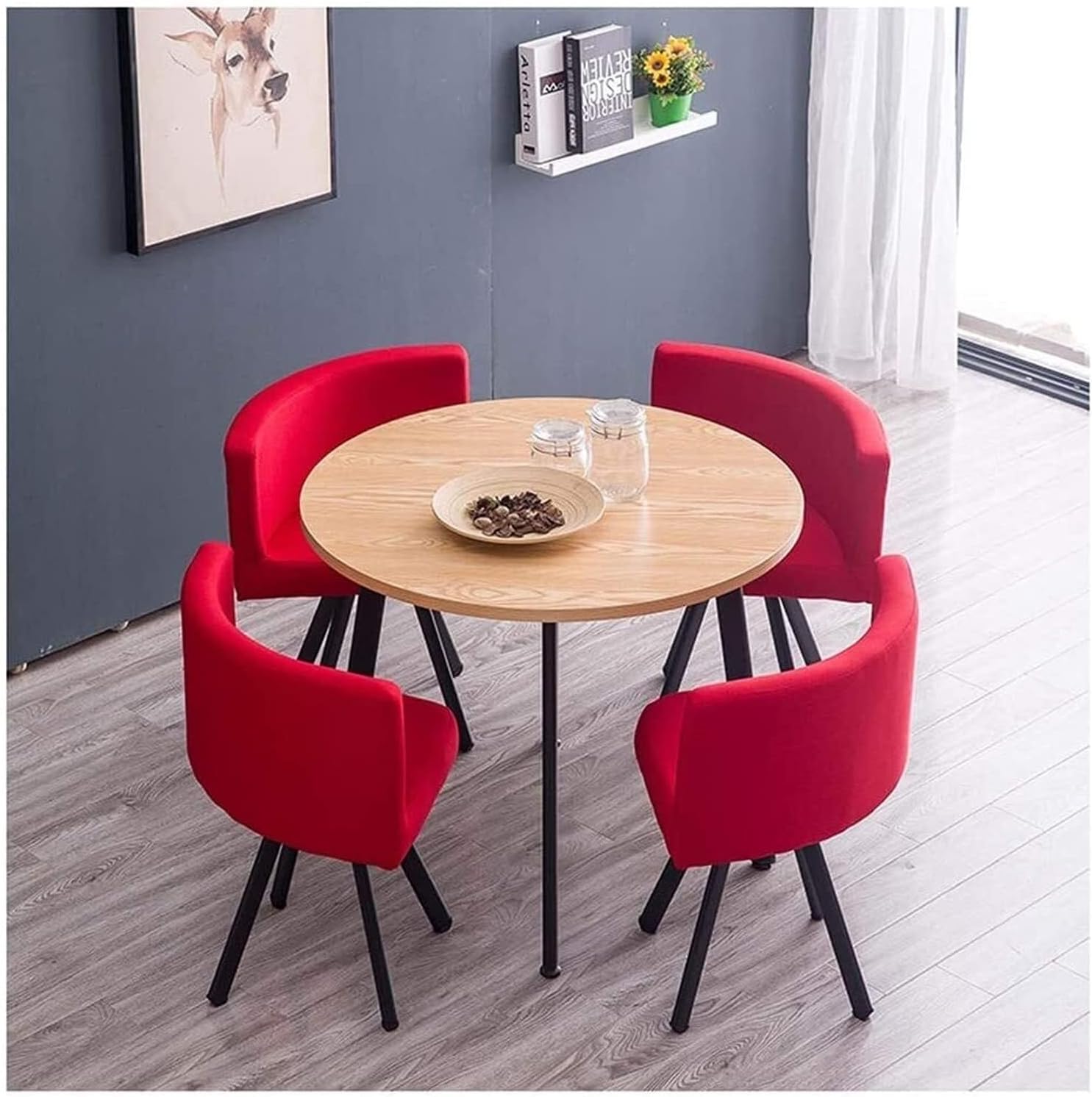 Conference Reception Room Coffee Table with 4 Chairs, 90cm Round Solid Wood Table, Cotton Linen Stylish Dining Set for Cafe, Living Room, Kitchen, Restaurant – Black(Red)