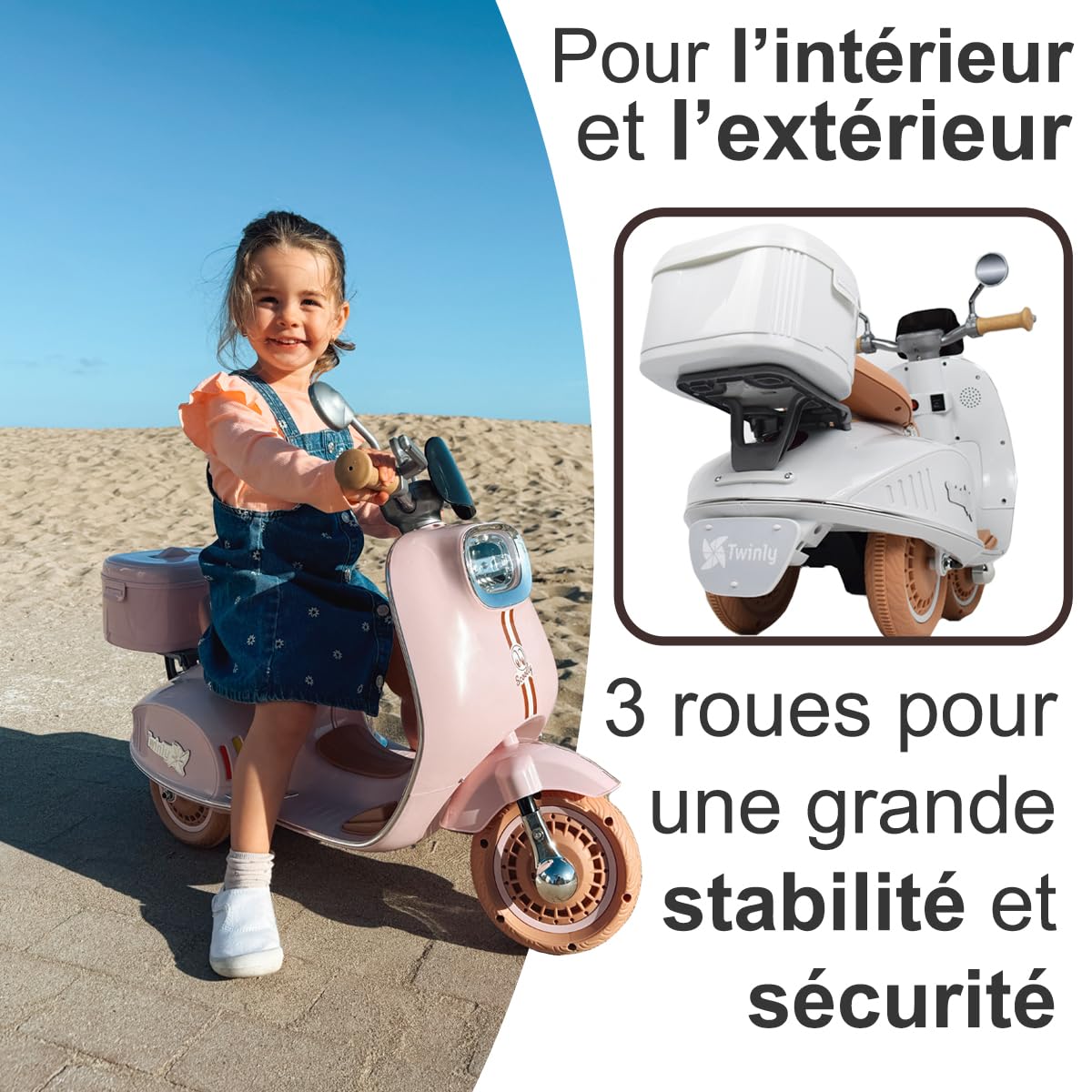 Twinly - Scooter électrique pour enfants avec chargeur, accélérateur à pédale et fonctionnalité USB, lumière et MP3 Bluetooth (Rose)