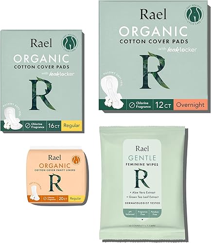 Rael Cuidado femenino, esencial para el período para mujeres, funda de algodón orgánico regular y almohadillas de noche para mujeres, protectores de