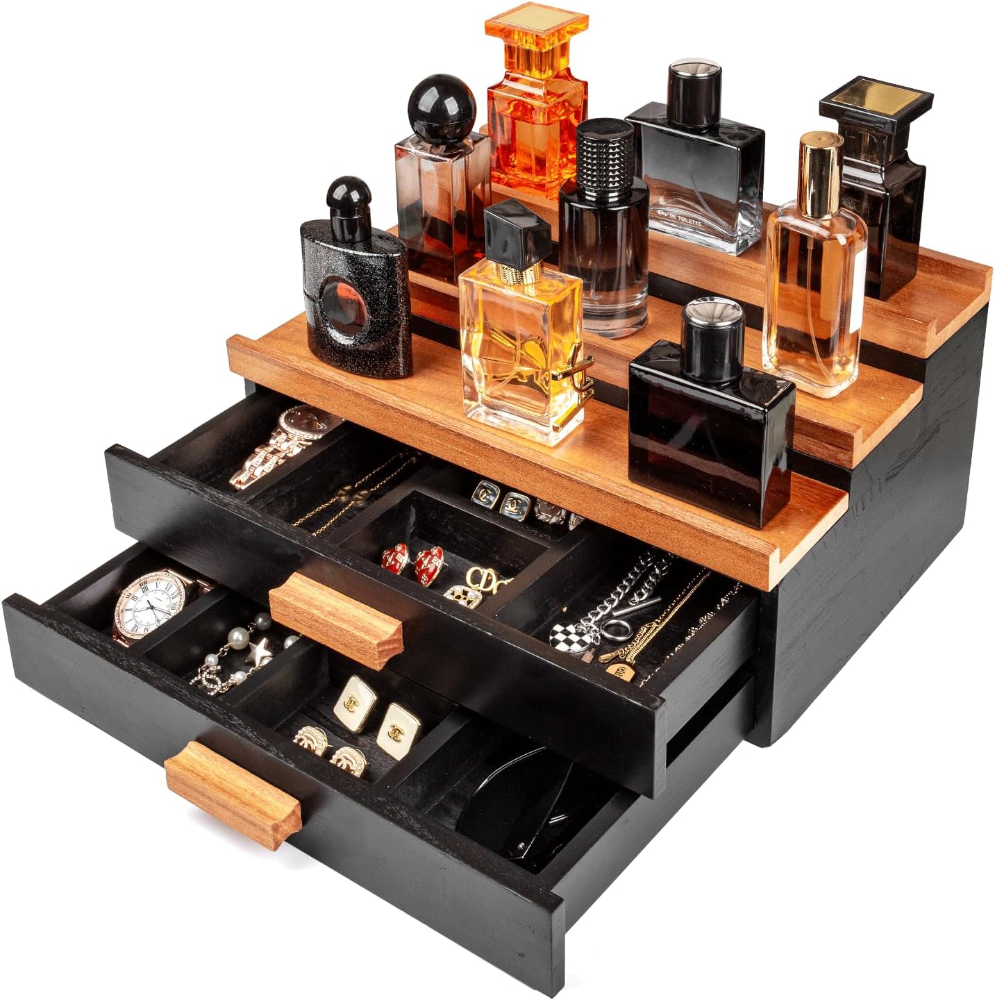 3-Tier Wooden Cologne Organizer with 2 Drawer - Cologne Display Stand for Men & Women, Bedroom and Bathroom Vanity Storage Black