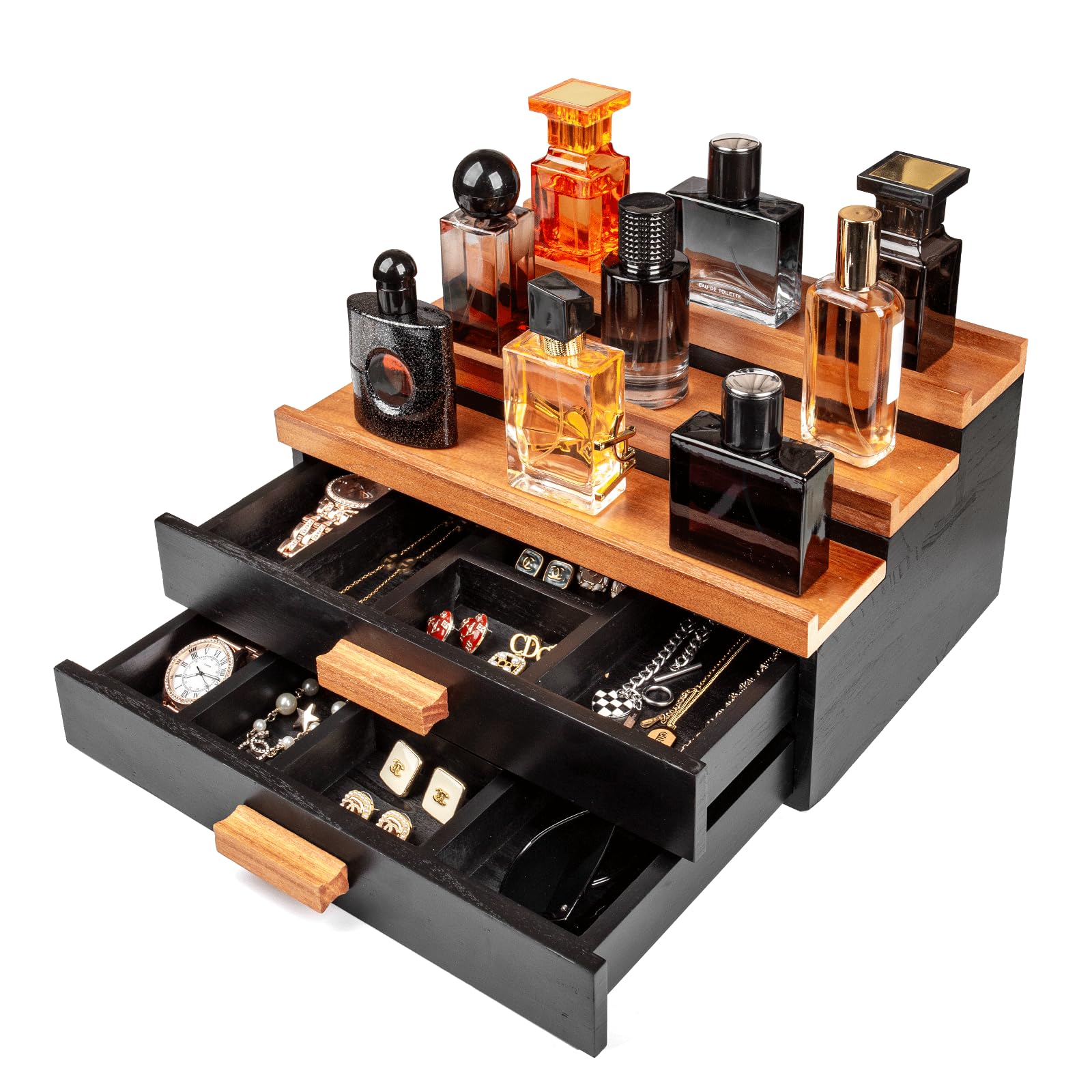 Organiseur De Parfums En Bois 3 Niveaux Avec Tiroir - Rangement élégant Pour Flacons, Bijoux Et Accessoires