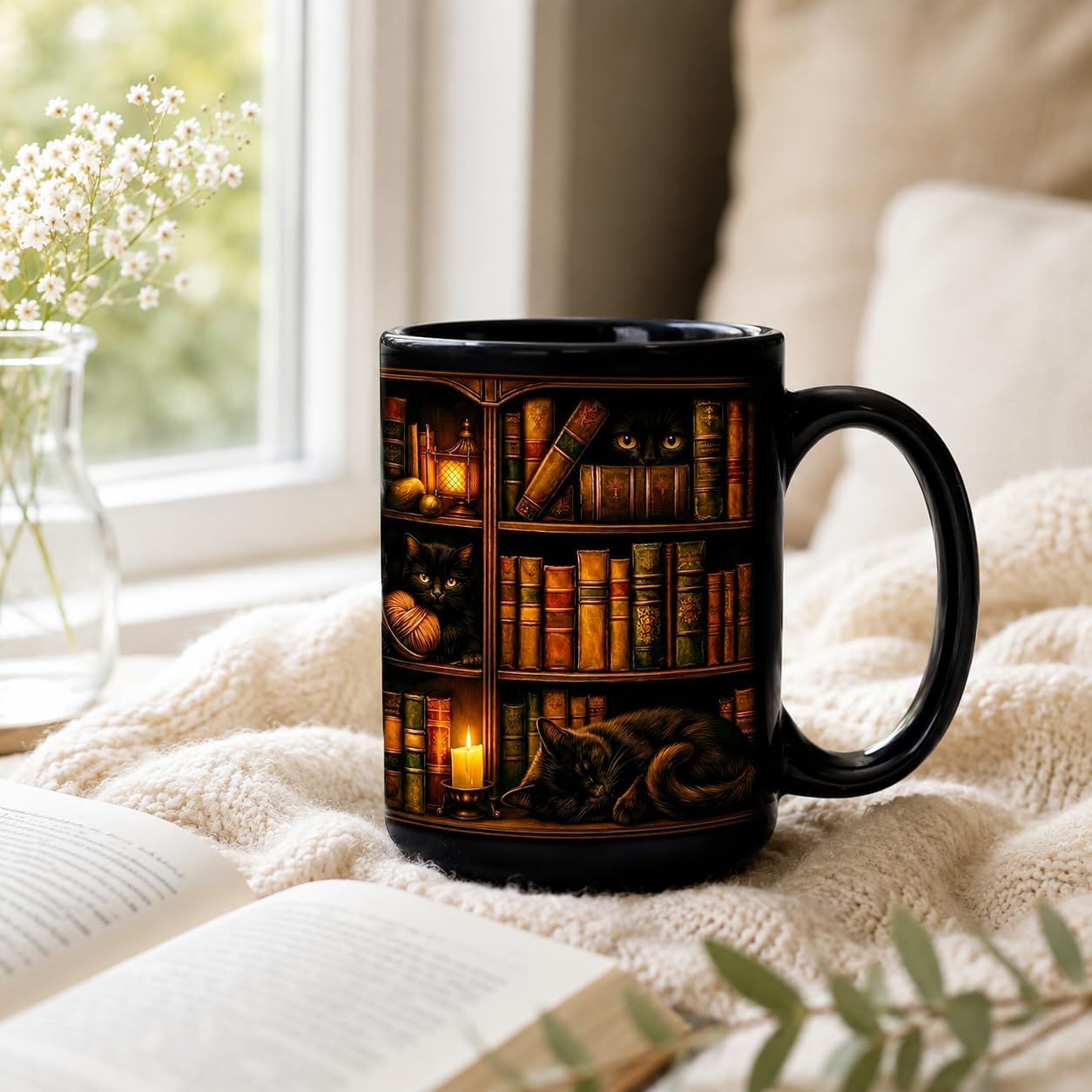 Hyturtle Black Cat Bookshelf Coffee Mug 15 Oz, Book Lover Gift for Women