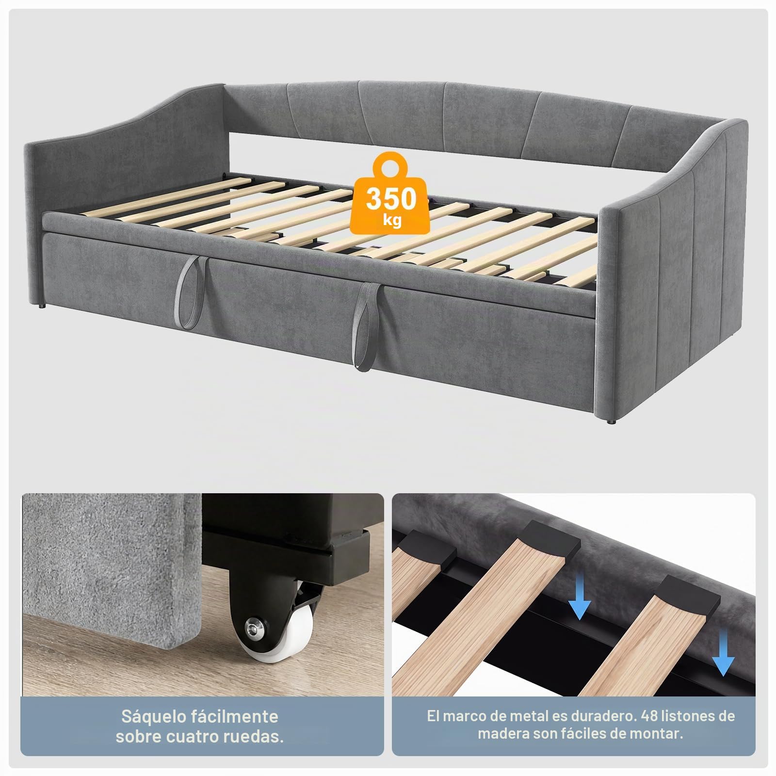 Cama nido extensible 90/180x200 cm, cama tapizada, sofá cama con cama deslizante extraíble y somier de listones, sofá cama extensible hasta cama doble, terciopelo, gris, sin colchón