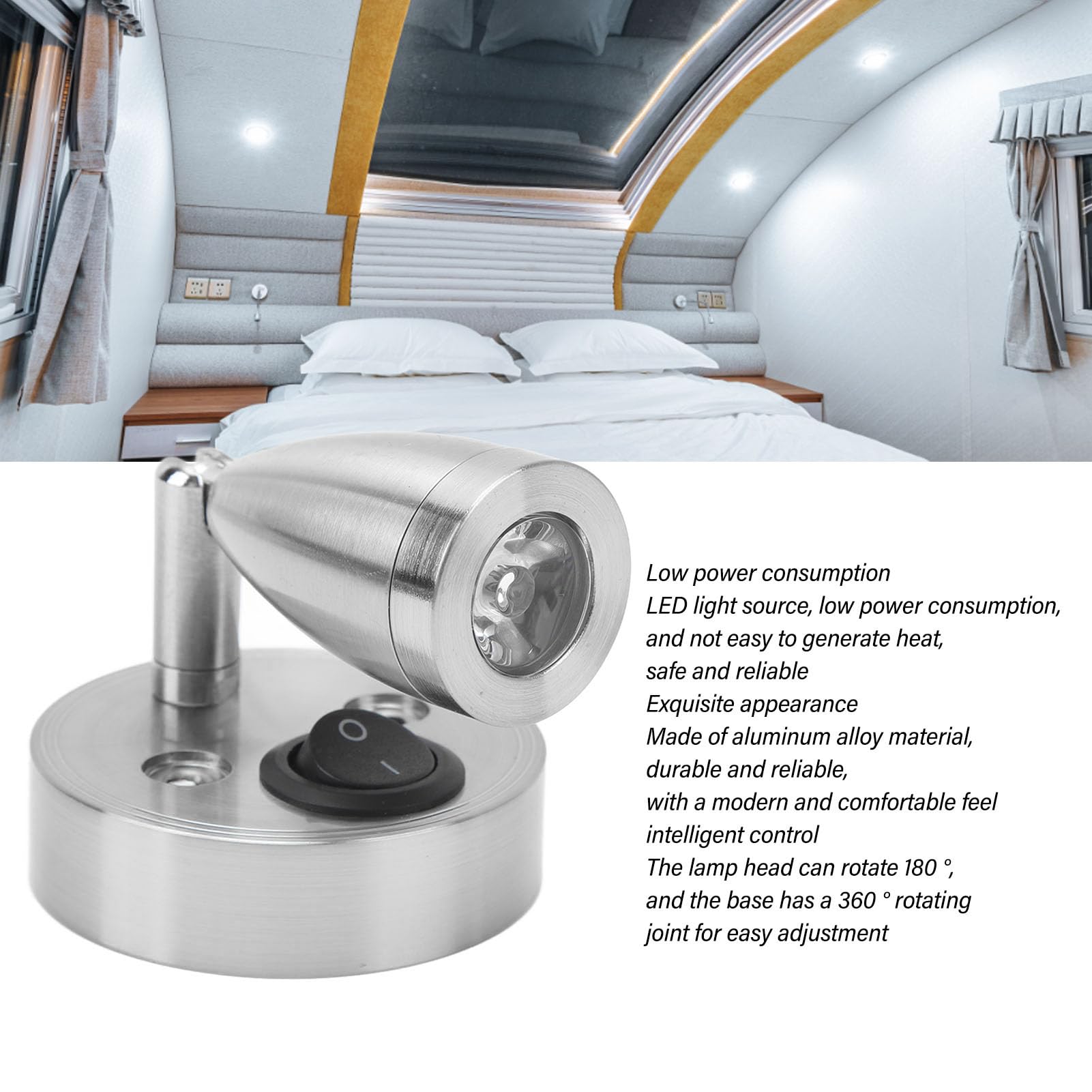 Akozon RV 12V 24V Polished LED Reading Light Berth Boat Marine Lights Truck Ship Trailer (Silver) - Image 4