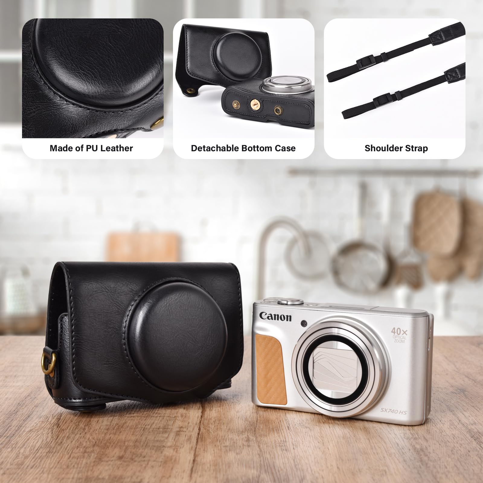 kinokoo Housse de Protection pour Canon PowerShot SX720 HS SX730 SX740 HS Appareil Photo, Étui en Cuir PU PowerShot SX720/SX730/SX740 HS Caméra avec Bandoulière Ajustable - Noir