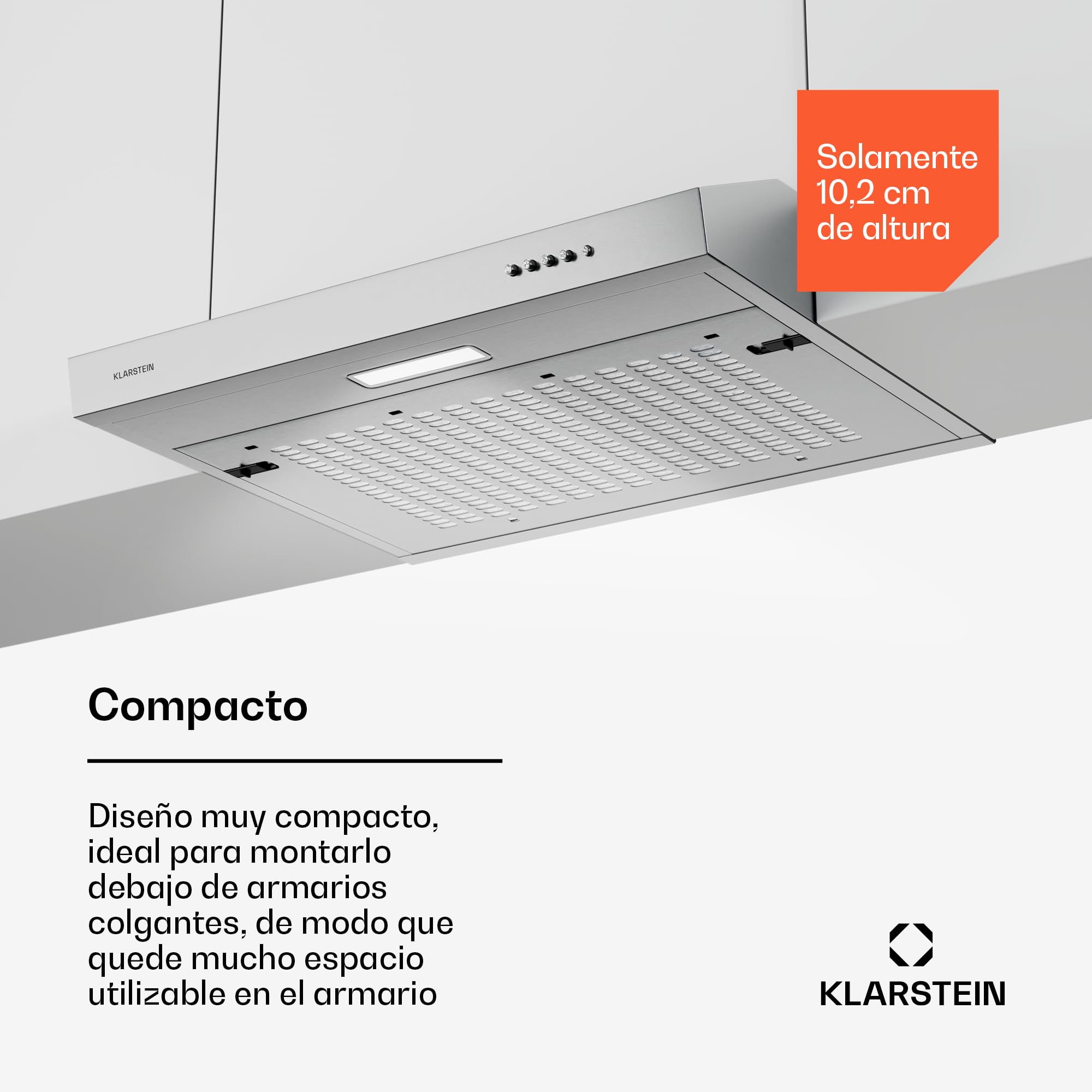 Klarstein SlimVent Campana Extractora - 60cm, 178 m³/h, A+, Silenciosa 52 dB, LED, Filtro de Carbón, Extractor Cocina Compacto, Plata
