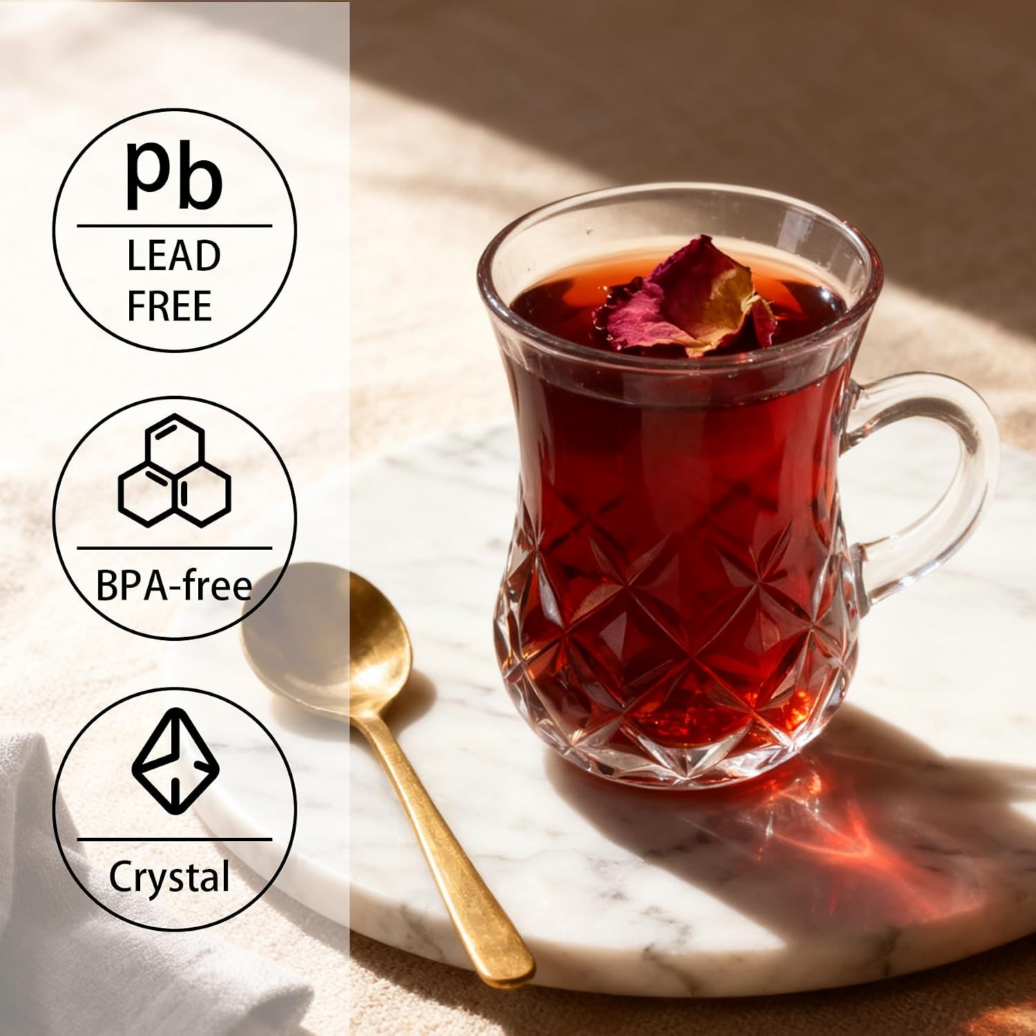 Turkish Tea Glasses With Handle - Mini Small Crystal Tea Cups Set of 6 - Slim Waist Thick Sole Tea Glass for Hold Cold Drinks, 2.7 oz / 80ml