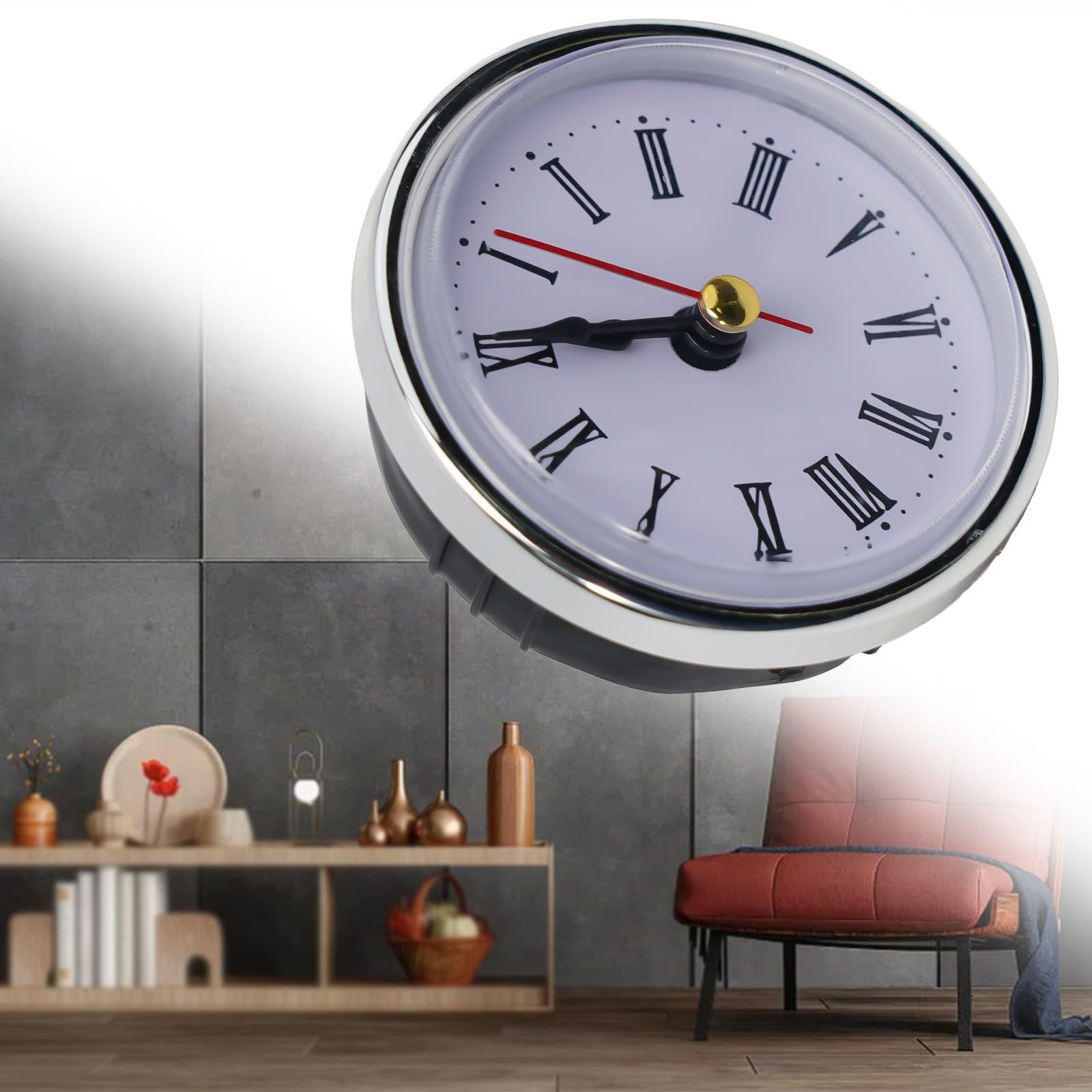 Roman Numeral Clock Insert, M2188-65MM Hour Embedded Clock, 65MM Quartz Clock Inserts Movement Insert Replacement DIY Parts With A Rubber Ring(Silver)