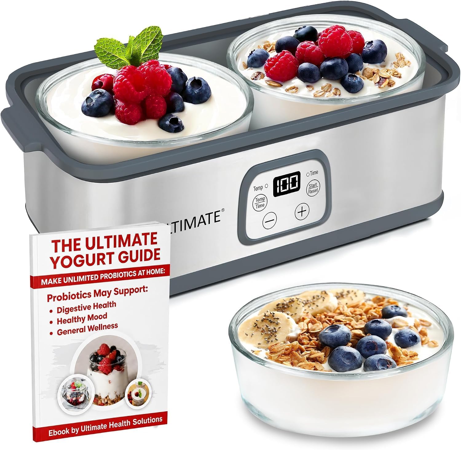 Ultimate Probiotic Yogurt Maker with TruTemp™ Adjustable Temperature & Time Control, Make Trillions of Probiotics for Gut Health, Two 1-Quart Containers for Larger Batches, UNLIMITED LIFETIME WARRANTY