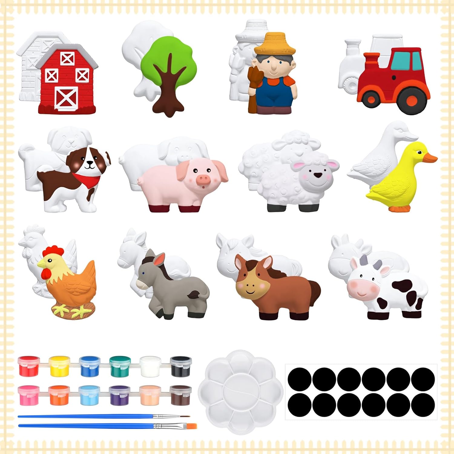 Sinmoe 12 Sets Arts and Crafts Set Painting Kit Unpainted DIY Ceramic Figurines Paint Your Own Figurines with 12 Magnet 2 Brushes and 1 Palette Ceramic Painting Kit for Adults (Farm Animals)