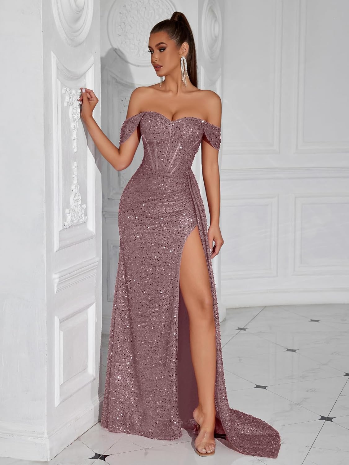 Evening Gowns Formal Dresses for Women Sequin Tulle Wedding Guest Cocktail Party Sexy Off Shoulder Floor Length Prom Dress - Image 8