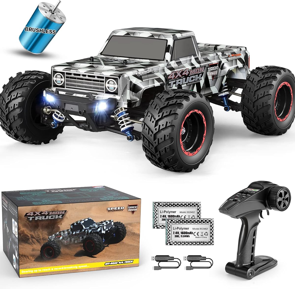 903A, 1/12 Scale Brushless RC Cars, 4X4 Off-Road RC Monster Truck | Full-Aluminum Oil-Filled Shocks, Fast Remote Control Car MAX 55KM/H Speed, All-Terrian for Hobby Enthusiast, Dual Batteries