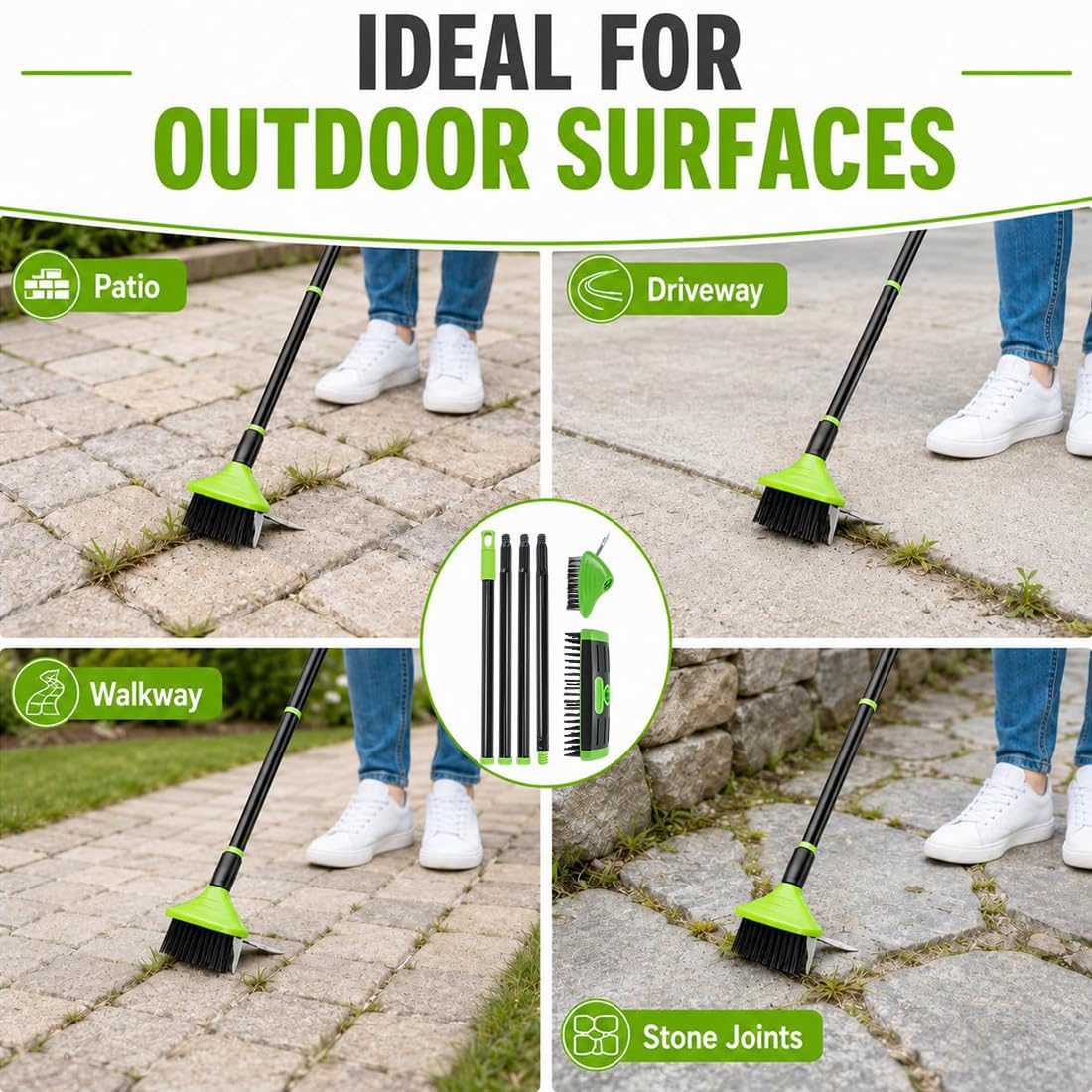 Set Combinado versátil de Cepillo para Malas Hierbas 3 en 1: Cepillo para Limpiar Juntas y Gancho metálico; Herramienta para Eliminar Malas Hierbas y Fregar hormigón en Patios, adoquines (2PCS,1)