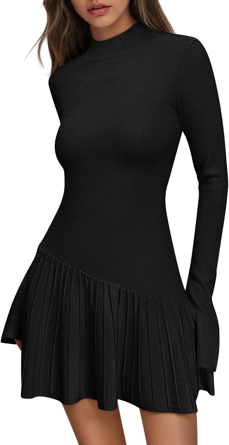 Women's Sweater Dress Crochet Ribbed Knit Ruffle Hem Flared Long Sleeve Mock Neck Mini Dress - Image 5