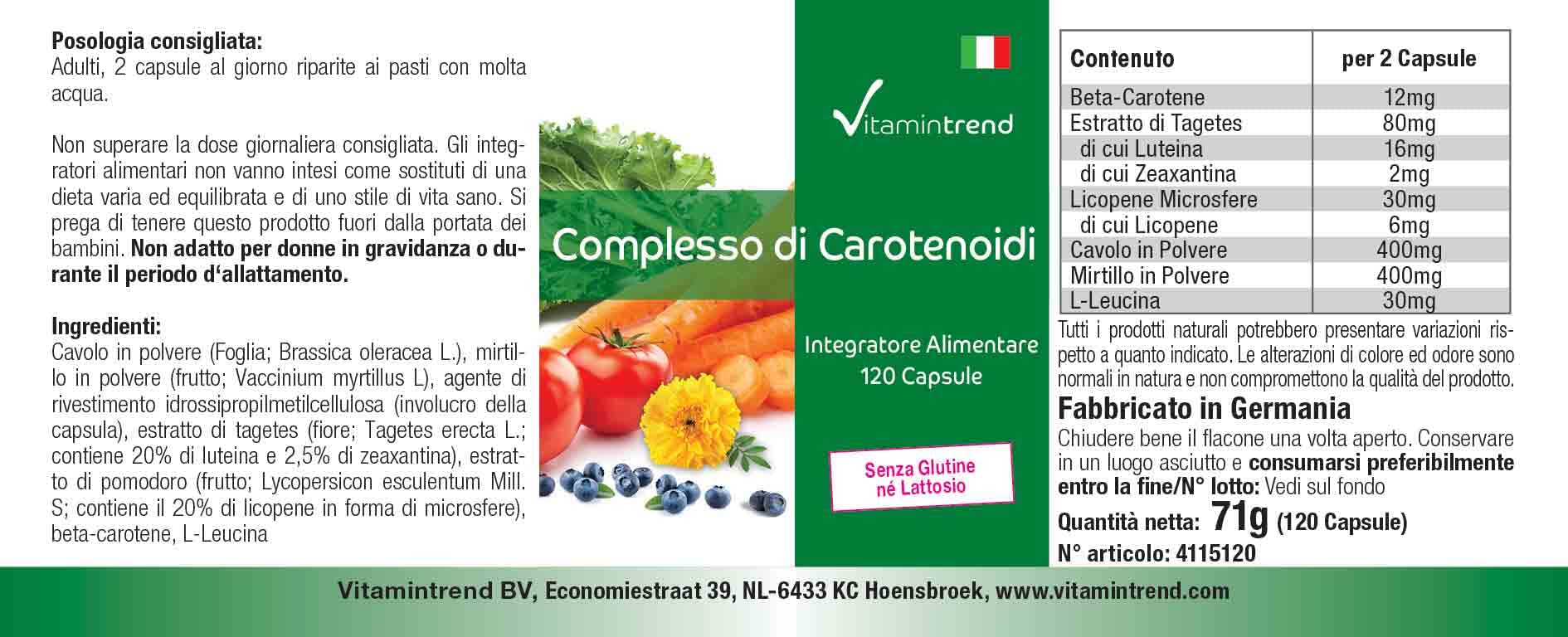 Vitamintrend Complesso di carotenoidi, 120 capsule, facili da deglutire, carotenoidi naturali, integratore alimentare vegano senza stearato di magnesio, prodotto in Germania