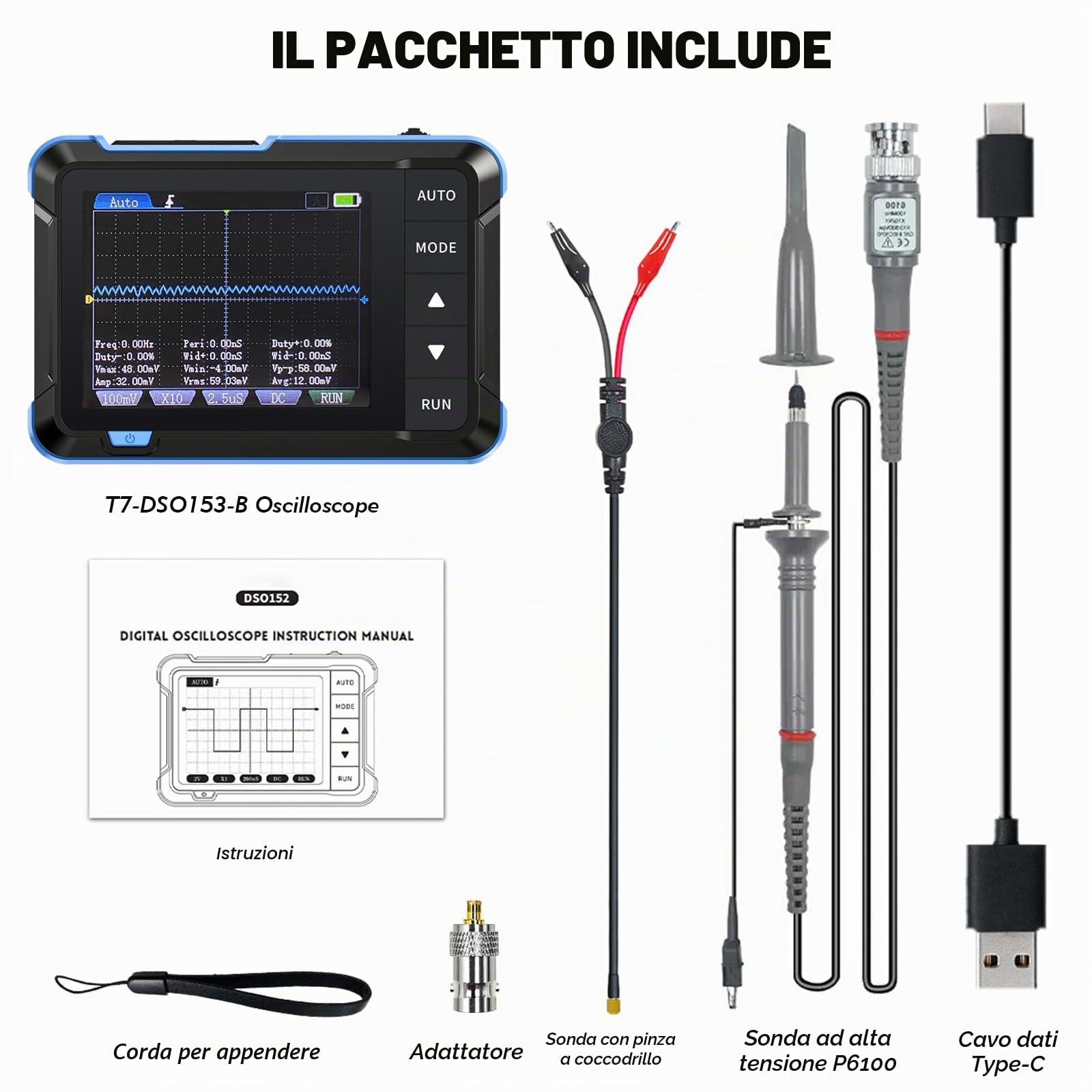 AIOMEST Mini Oscilloscopio Digitale Larghezza di Banda 1MHz 5MS/s Oscilloscopio Portatile 2,8” Display USB Generatore di Segnali DDS con Cavo dati Type-C e Sonda Oscilloscopio Multimetro DSO153B