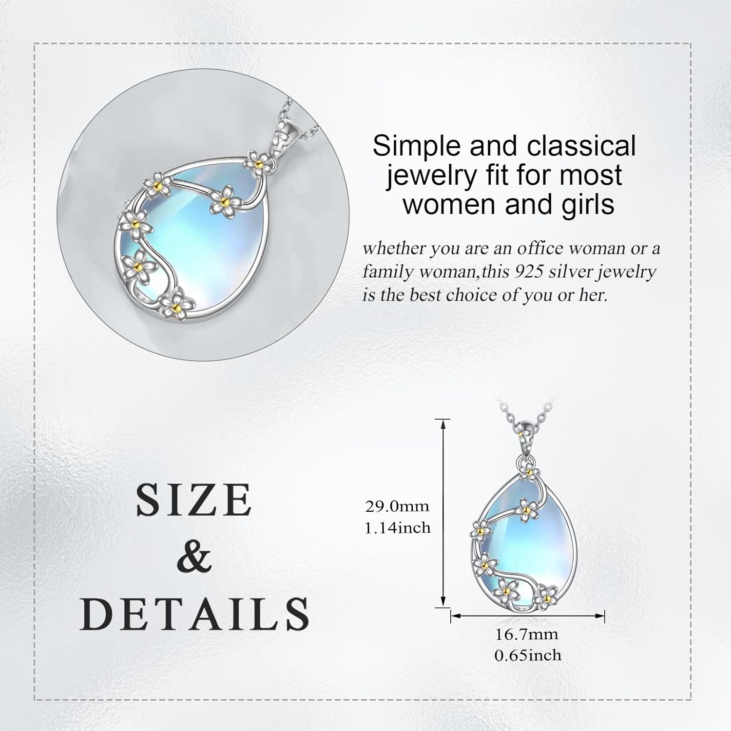 YAFEINI 925 Sterling Silver Moonstone Necklace Filigree Teardrop Pendant Necklace Jewelry for Women Girls - Image 5