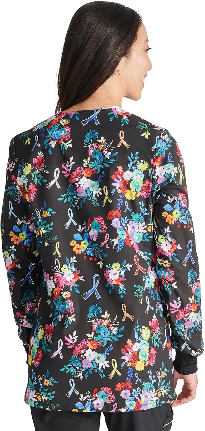 Cherokee Printed Women Warm Up Scrub Jacket with 2 Pockets | Snap Front Styling, Modern Classic Fit, Back Yoke, Knit Cuffs, Comfortable Coverage, Healthcare Layering