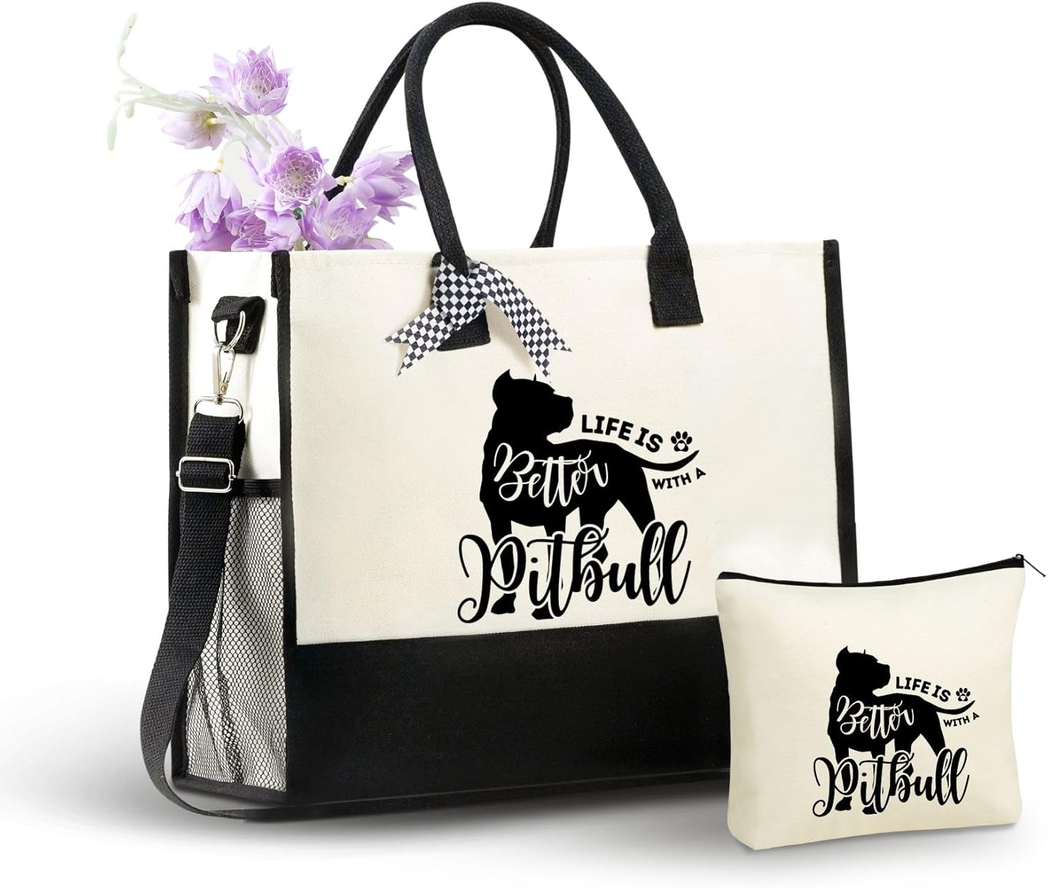 InnoBeta Pitbull Gifts for Women Canvas Tote Bag, Pitbull Gifts Tote with Top Zipper Closure and Shoulder Strap for Birthday, Mother's Day, Christmas