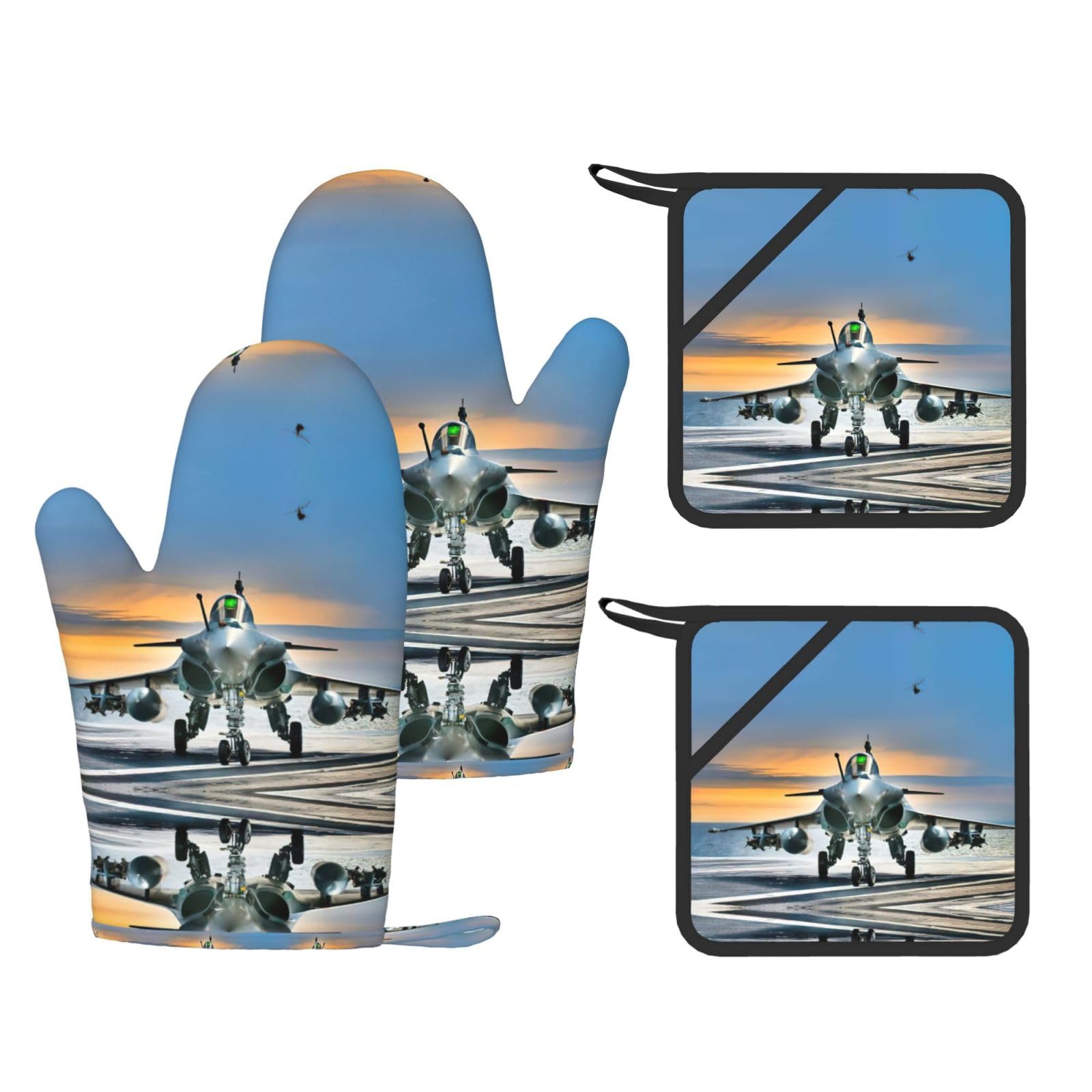 Airplane Printed Potholder and Oven Mitt Set of 4, High Heat Resistant Cooking Gloves for BBQ Grilling