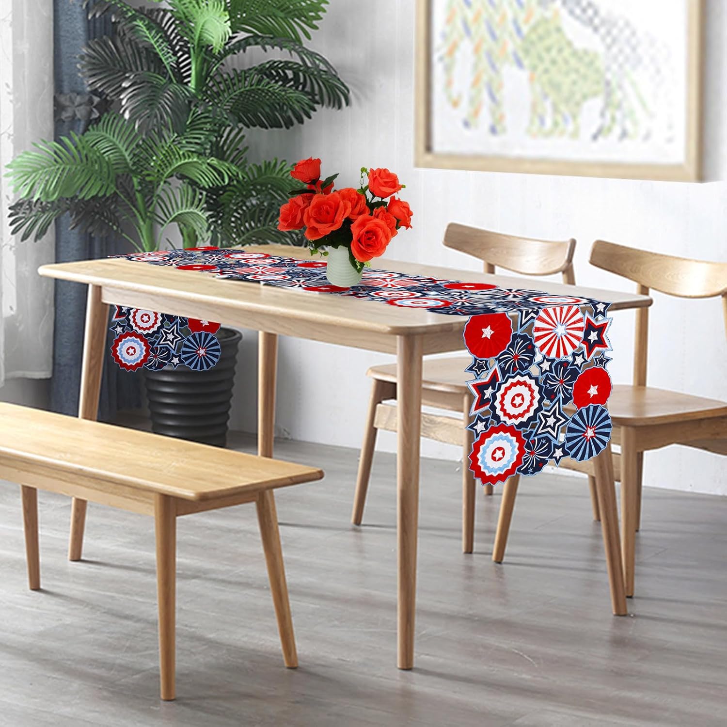 Simhomsen Embroidered Patriotic July 4th Table Runner, Red White Blue Stars and Pinwheels Design, Decorative Scalloped Edge (13 x 88 inches)