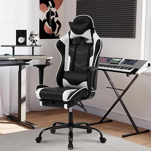 Miniatura 2 de Silla de juegos, computadora ergonómica con reposapiés y soporte lumbar, asiento de juego de piel sintética ajustable en altura con asiento ancho