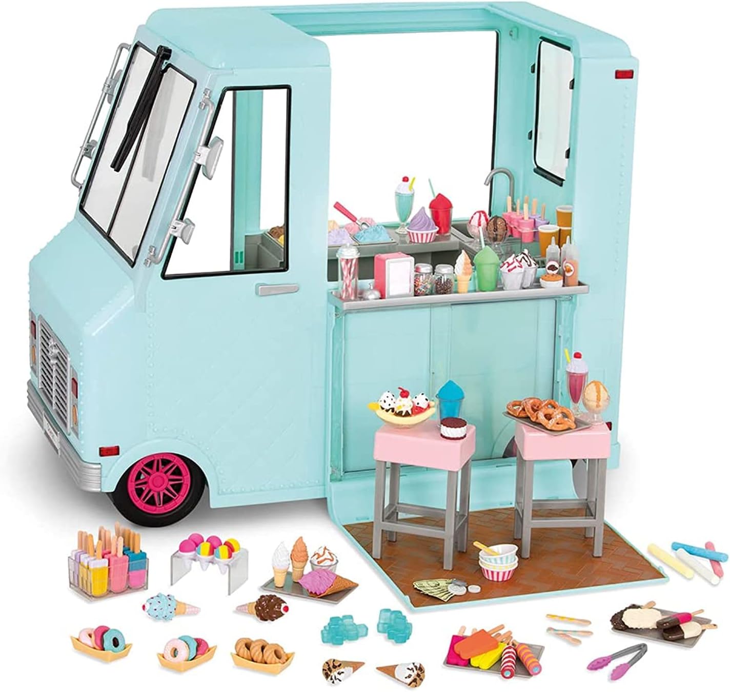 Our Generation - Sweet Stop Ice Cream Truck – Blue - Blue Vehicle Playset - Play Food - 18-Inch Doll Accessories - Pretend Play - Toy for Kids 3 Years +