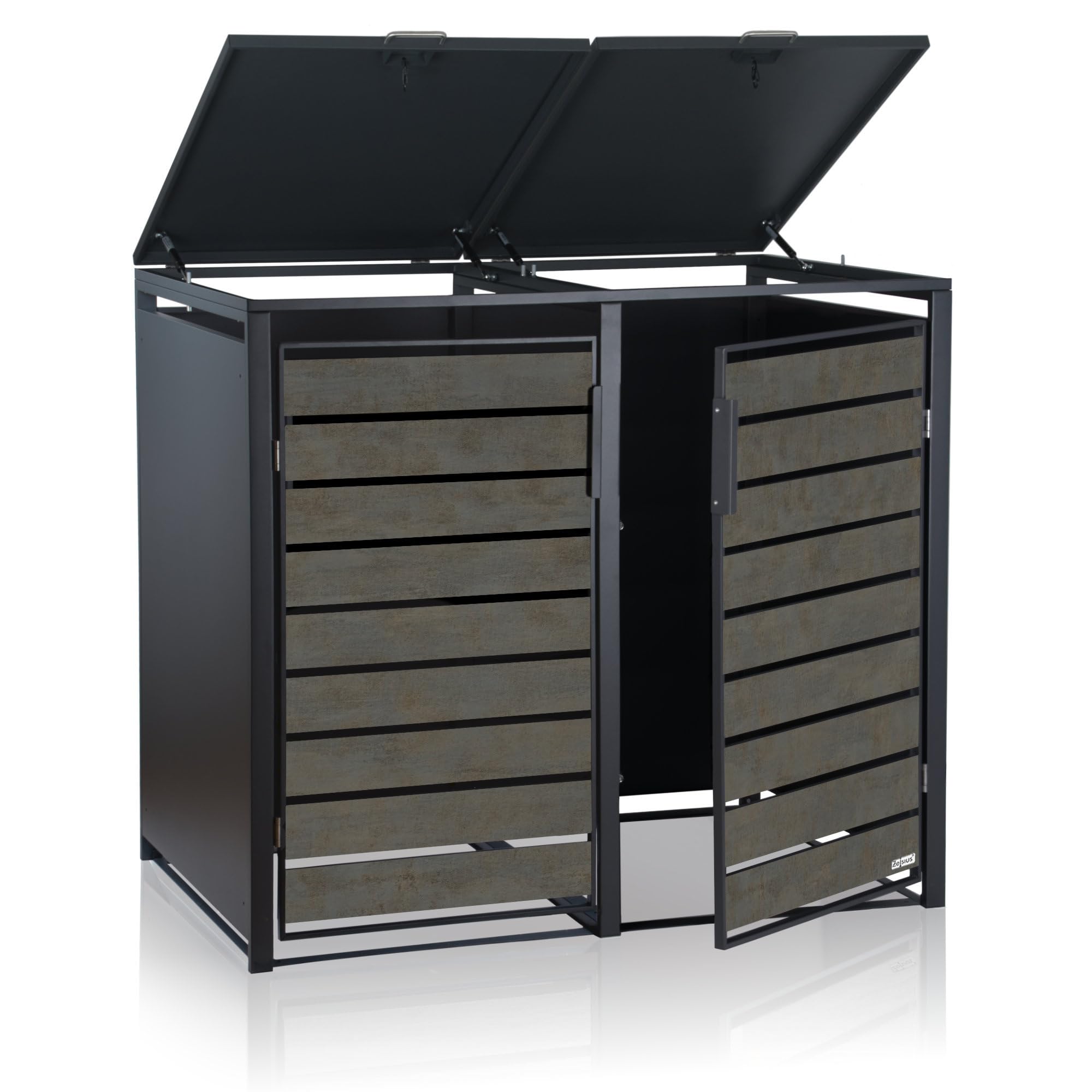 Zelsius Mülltonnenbox 2er Mülltonnen | (B) 132 x (T) 80 x (H) 117 cm | Anthrazit RAL7016 | Tür in dunkelgrauer Holzoptik mit Erweiterungsmöglichkeit | Mülltonnenverkleidung, Garten Müllbox